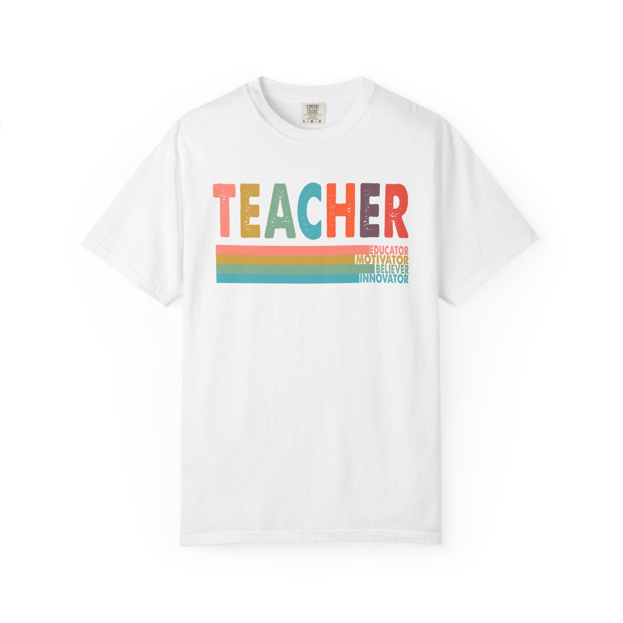 Teacher Rainbow Stripes T-Shirt — Retro Colorful Educator Tee