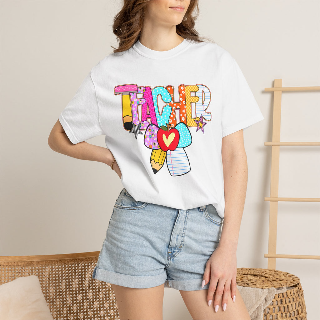 Teacher Doodle Graphic T‑Shirt — Colorful Pencil & Apple School Design