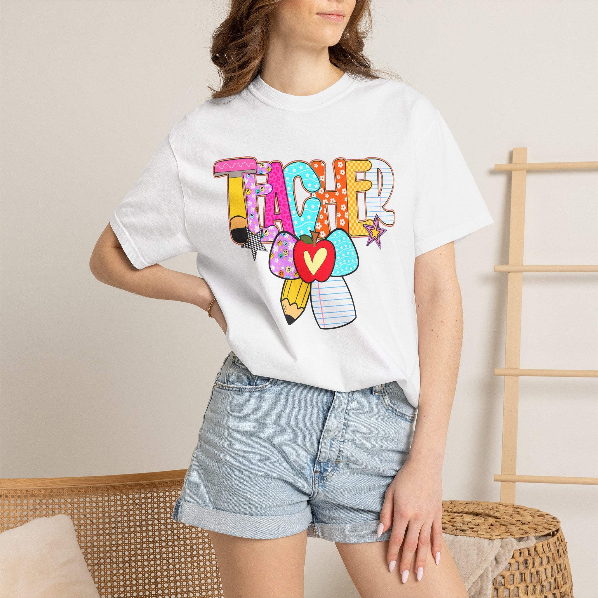 Teacher Doodle Graphic T‑Shirt — Colorful Pencil & Apple School Design