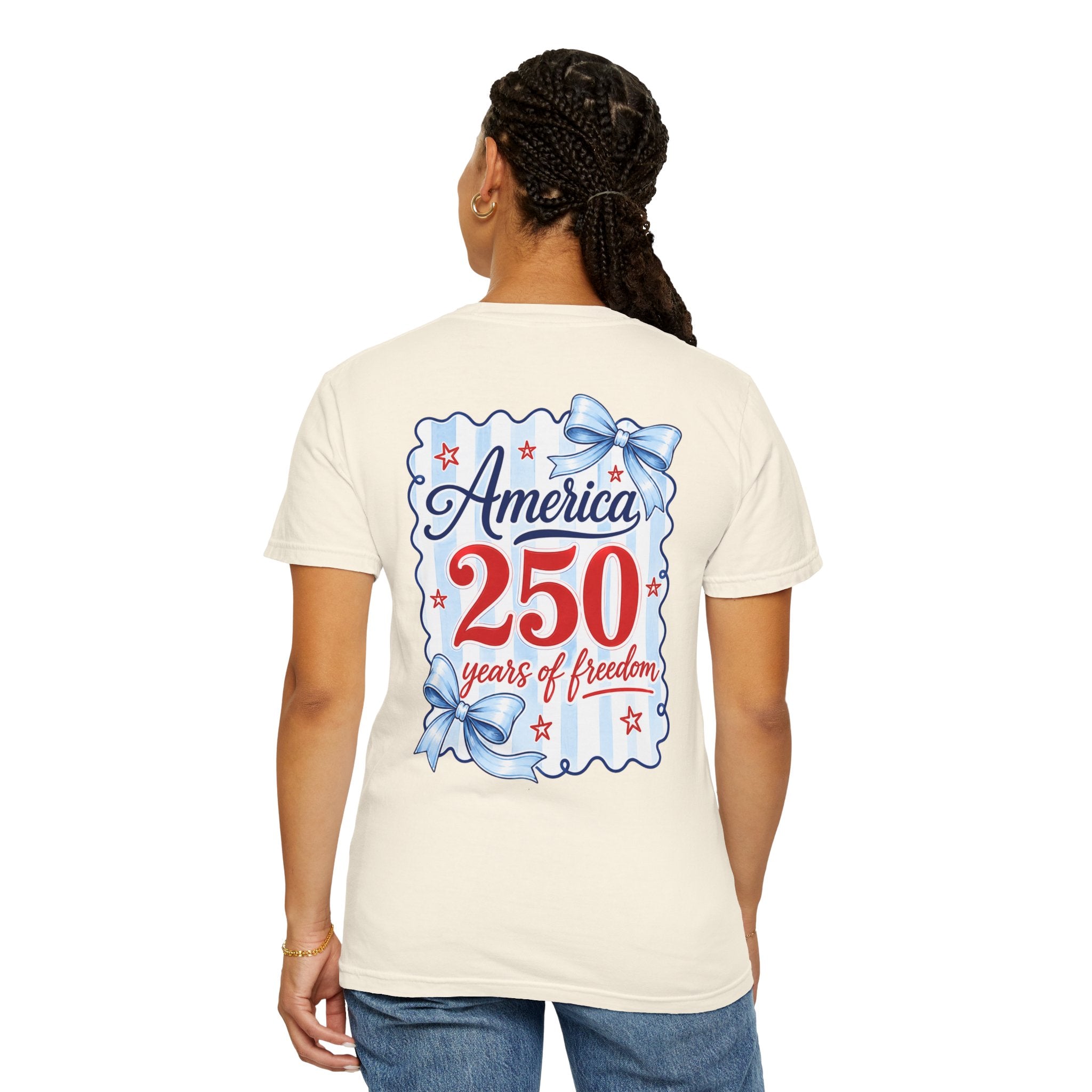 America 250 Years of Freedom T-Shirt — Patriotic Red, White & Blue Bow Tee