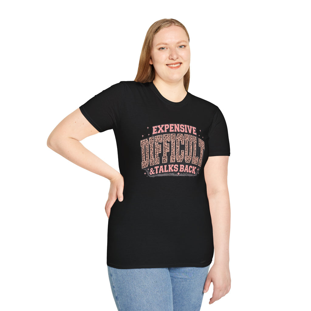 Difficult Talks Back Leopard Graphic T-Shirt — "Expensive Difficult" Feminine Attitude Tee