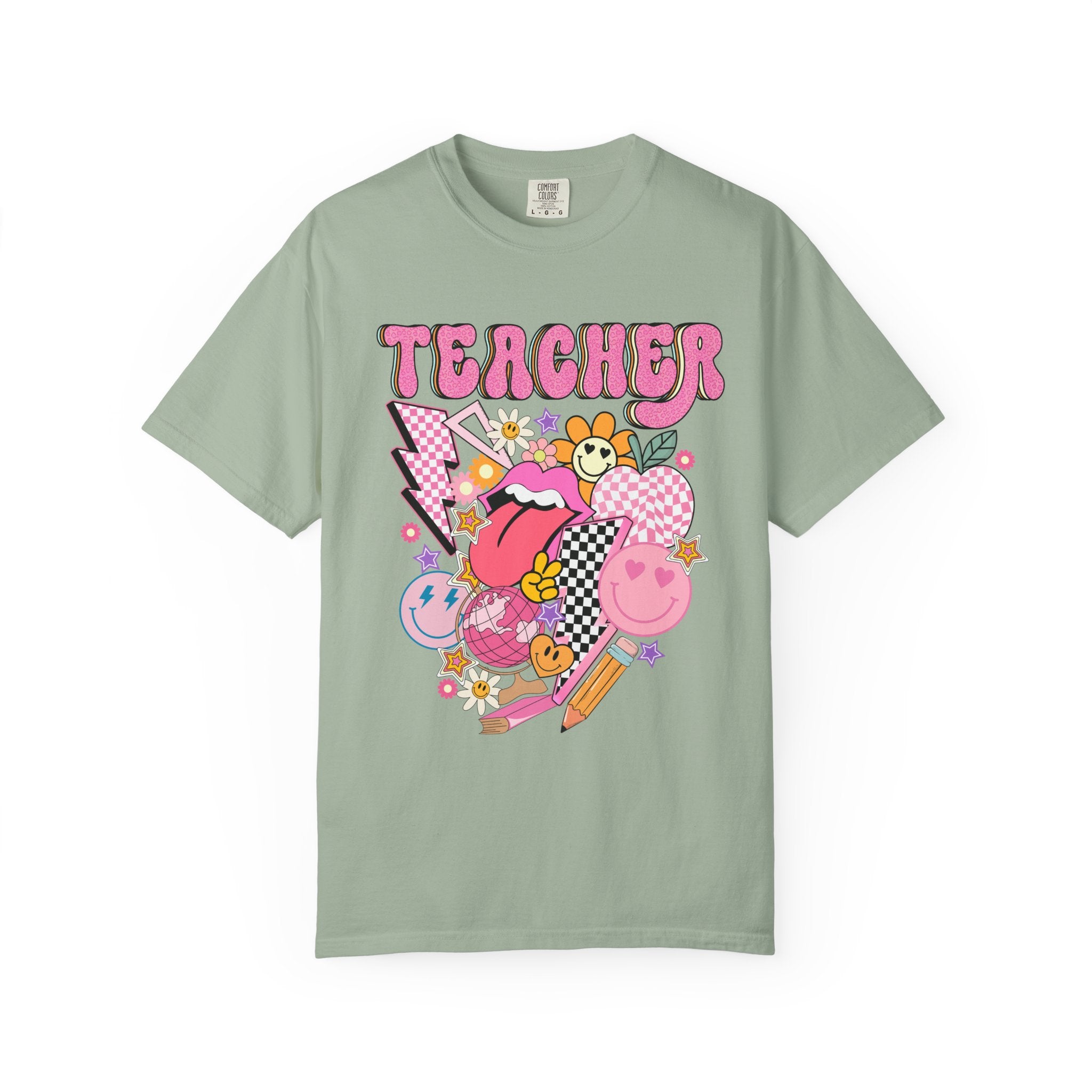 Teacher Retro Pop Graphic T‑Shirt — Cute Pink School Staff Shirt