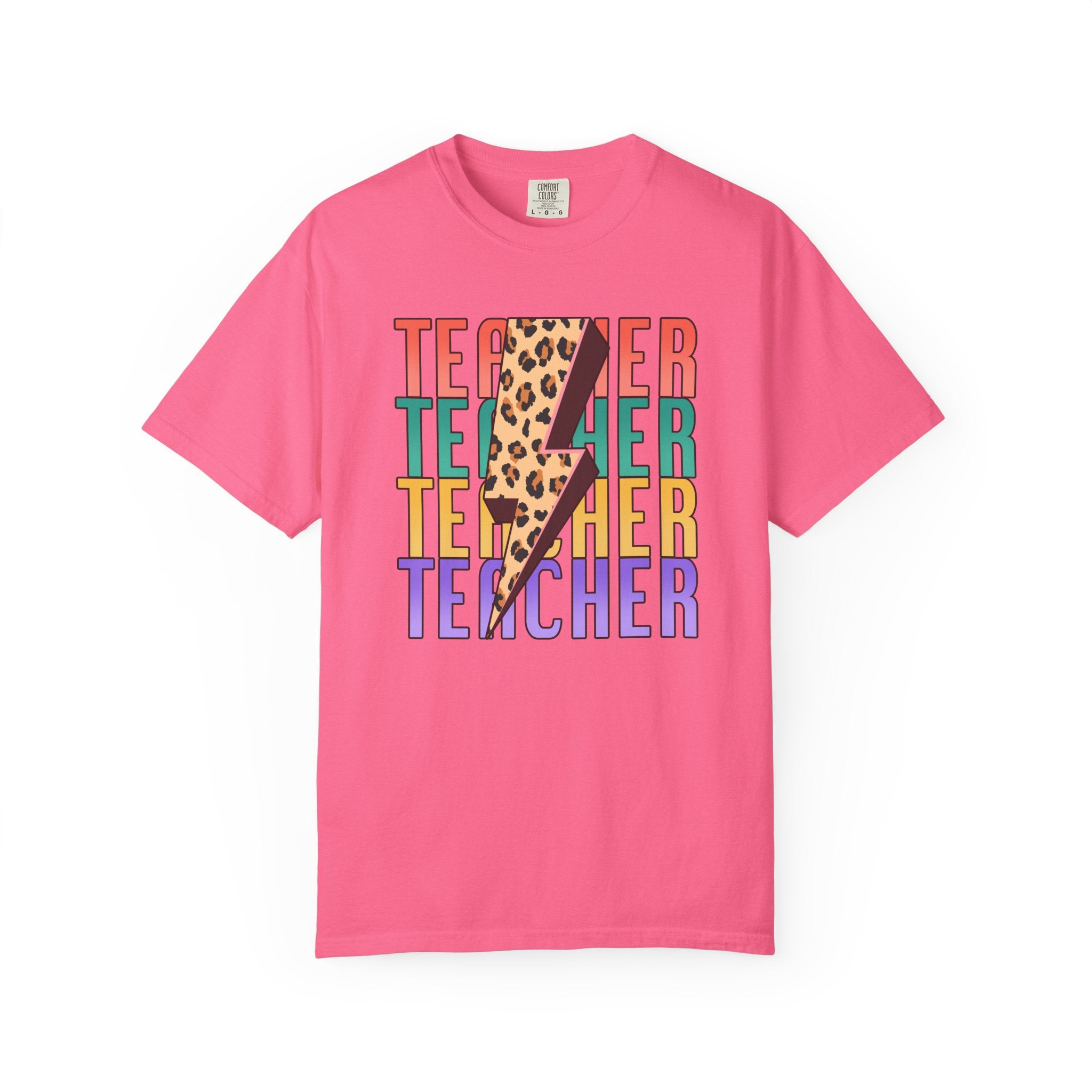 Teacher Lightning Bolt Leopard Print T‑Shirt — Colorful Retro Teacher Tee