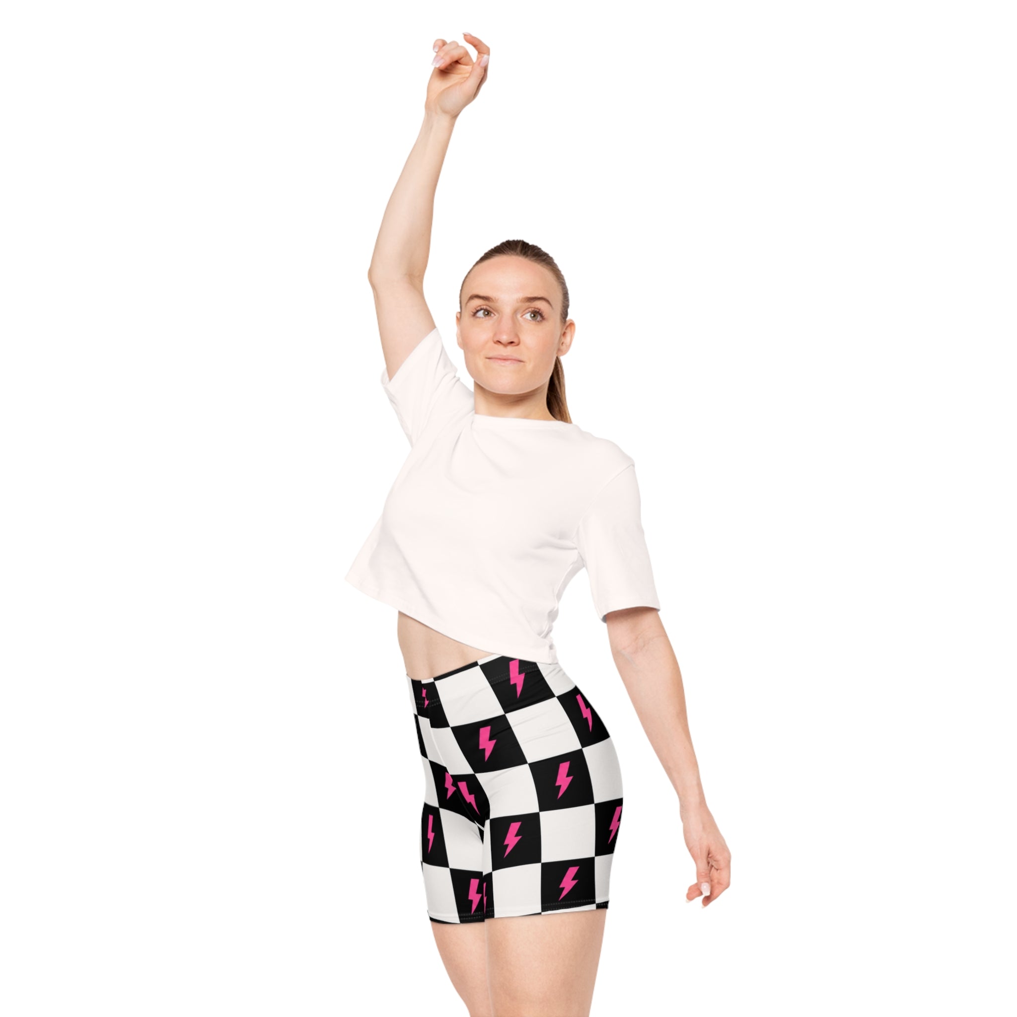 Checkerboard Lightning Biker Shorts — Pink Bolt Pattern