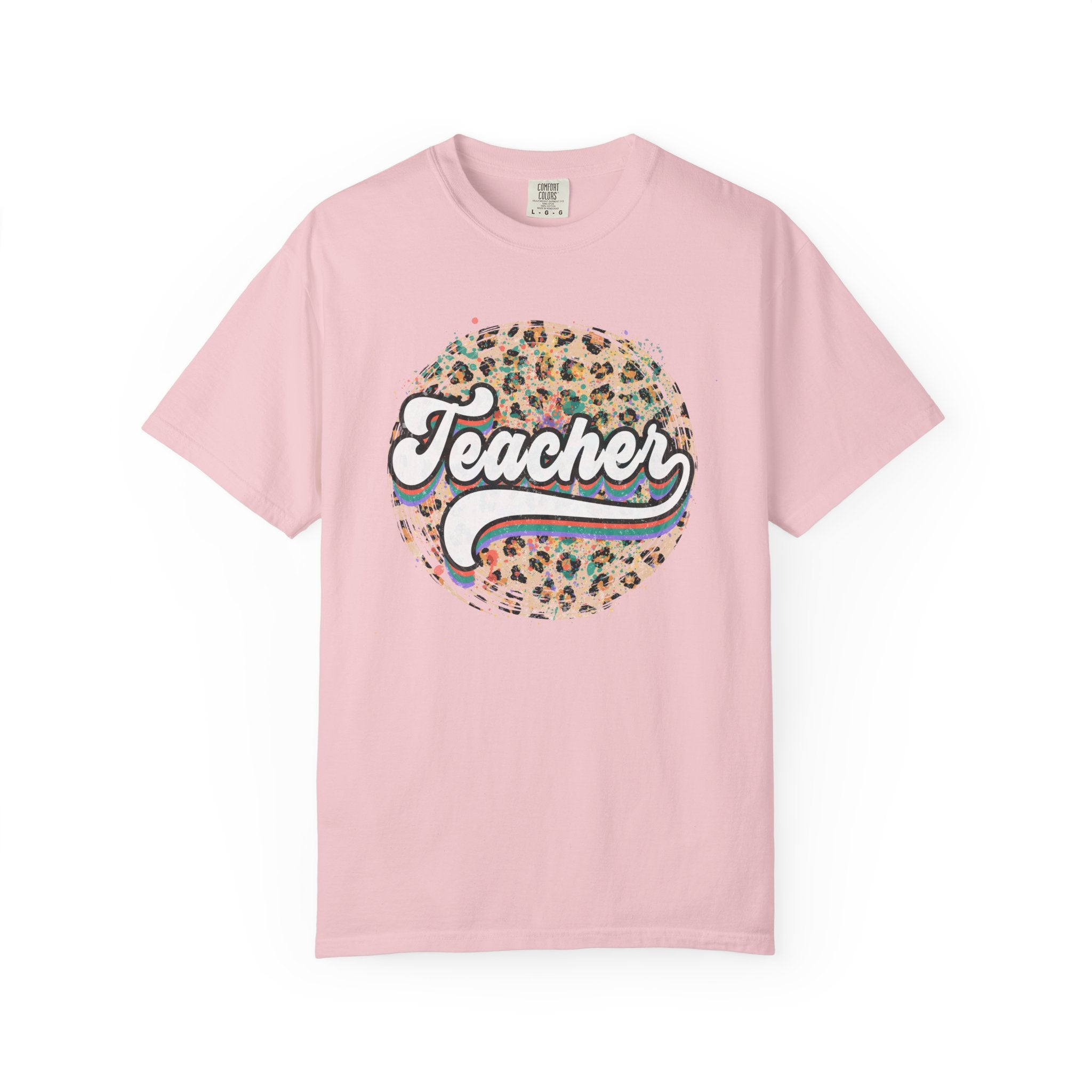 Teacher Leopard Circle T-Shirt — Retro Rainbow Script Tee for Educators