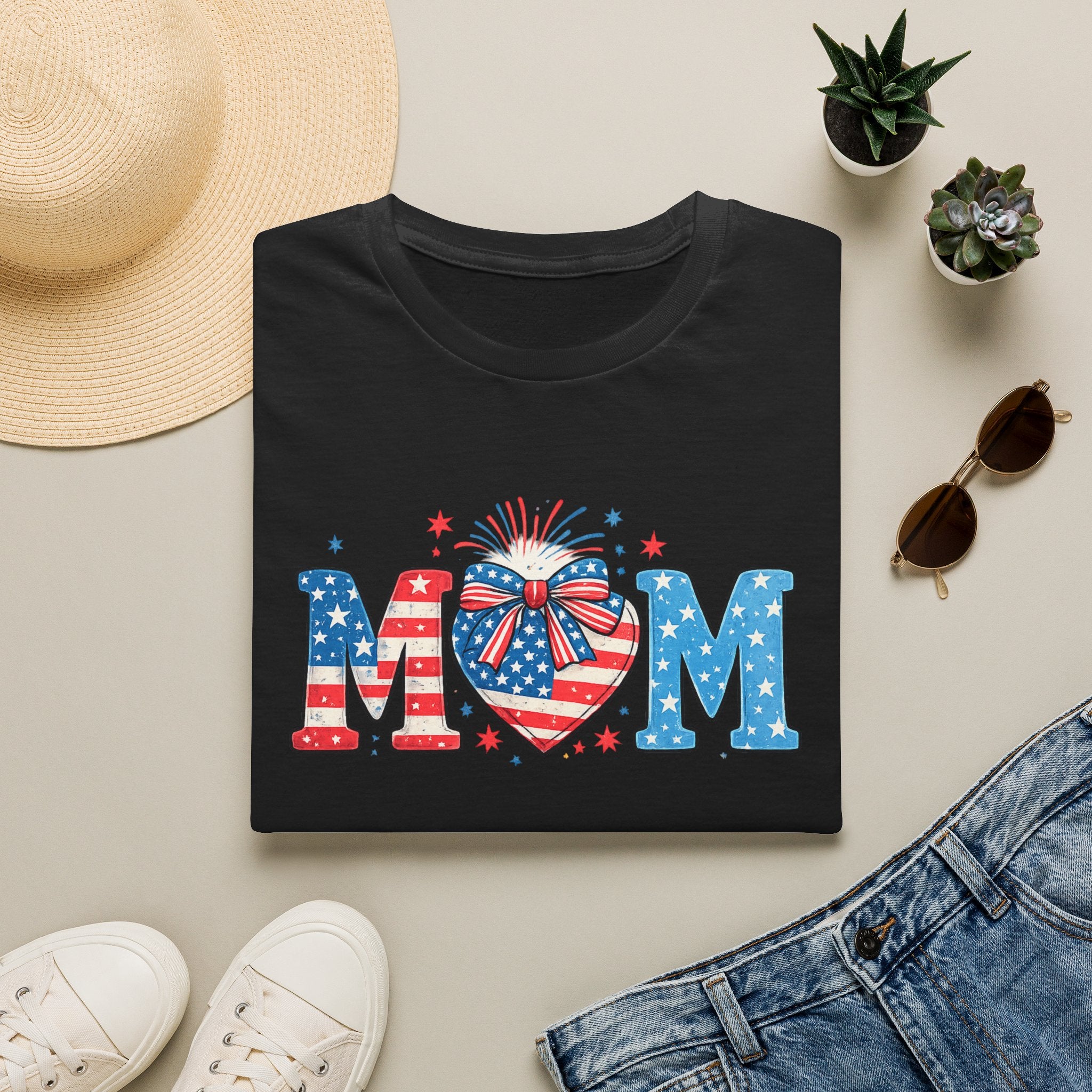 Patriotic MOM T-Shirt — Stars & Stripes Heart Design (Fourth of July / Mother's Day)