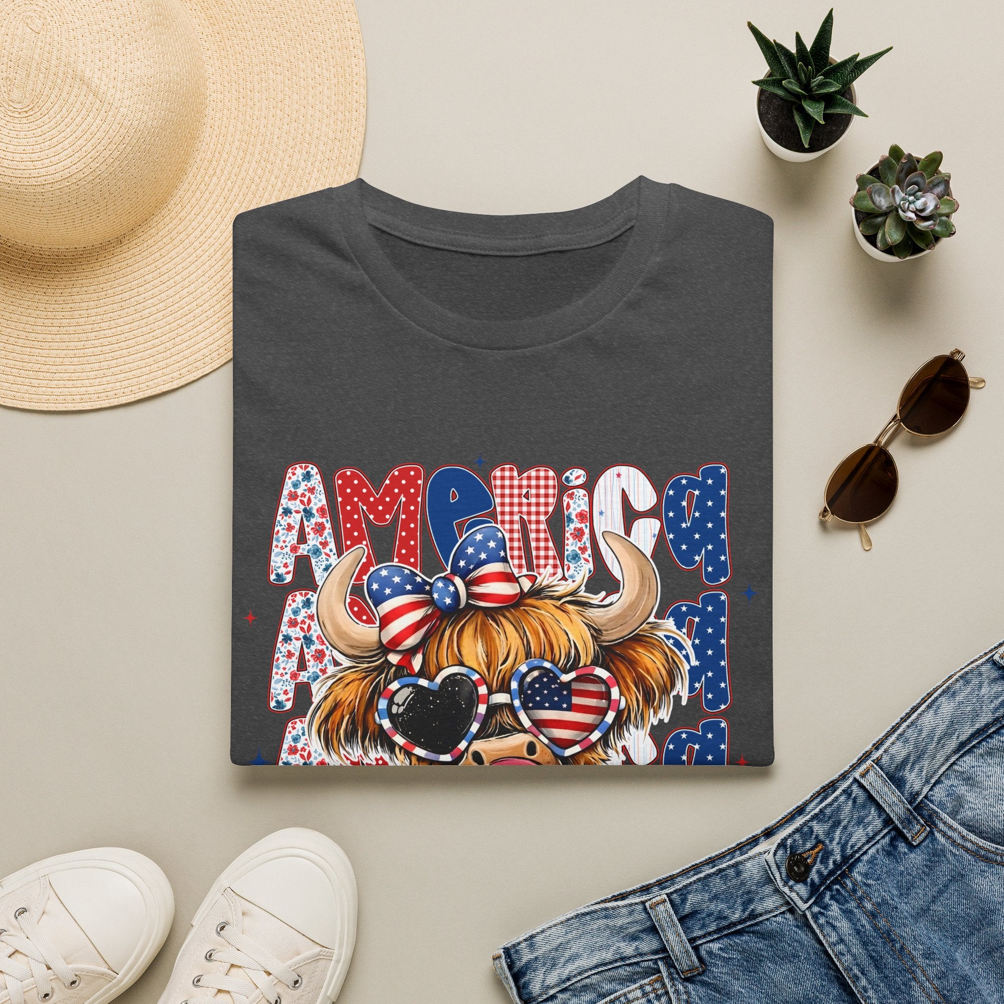 Patriotic Highland Cow T-Shirt — 'Land of the Free' 4th of July Tee
