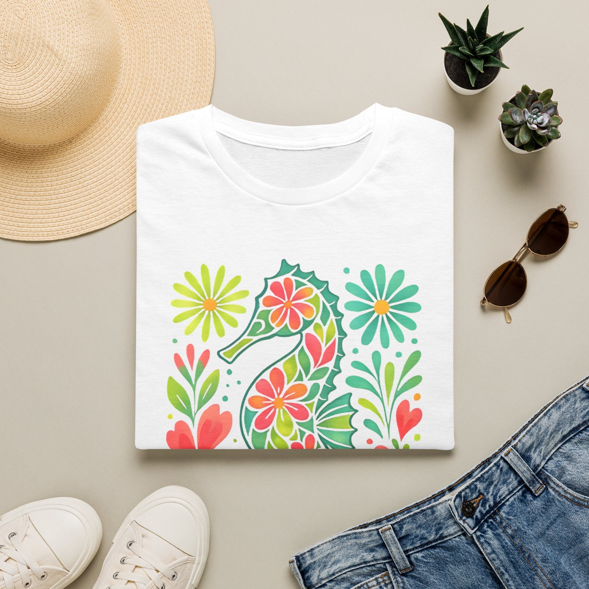 Floral Seahorse T-Shirt — Colorful Tropical Sea Life Tee
