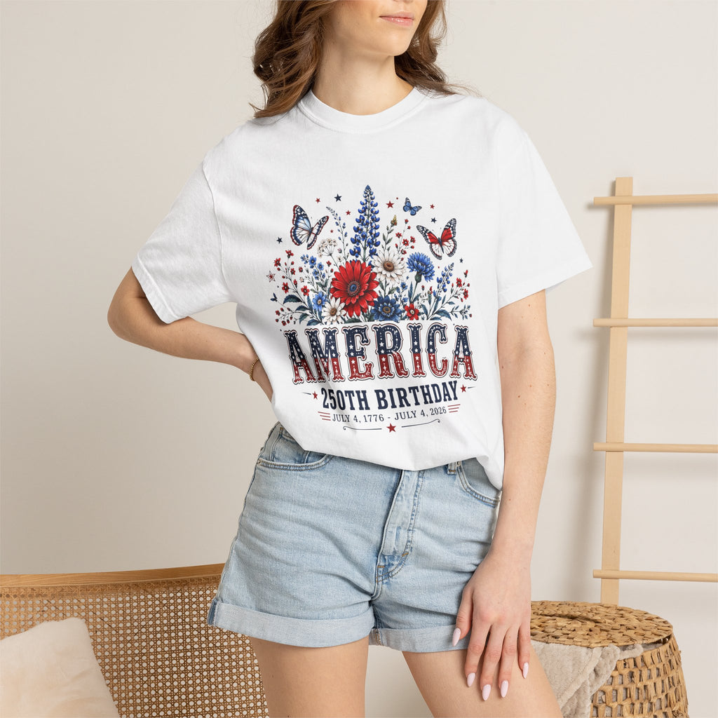 America 250th Birthday T-Shirt — Patriotic Floral July 4th Tee