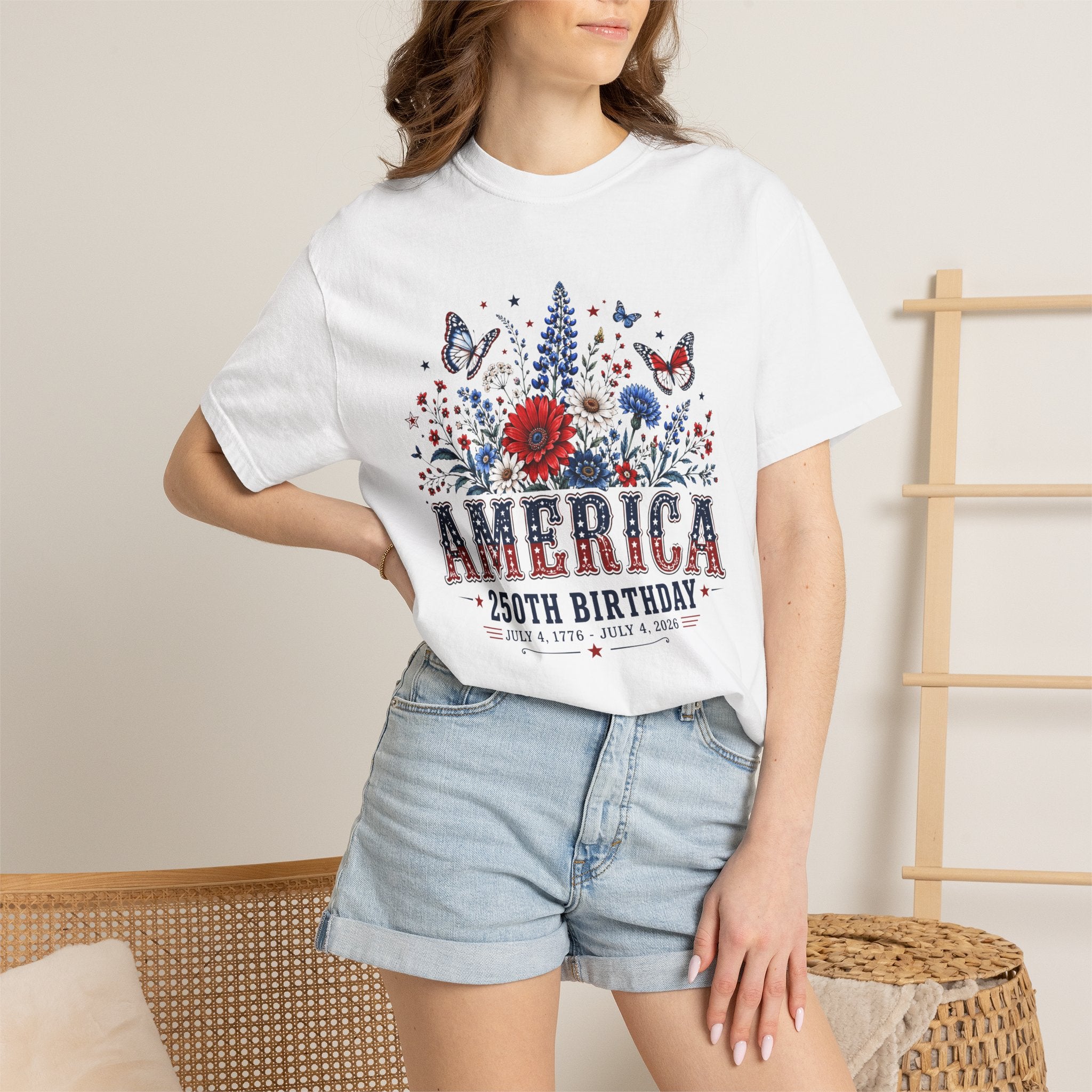 America 250th Birthday T-Shirt — Patriotic Floral July 4th Tee