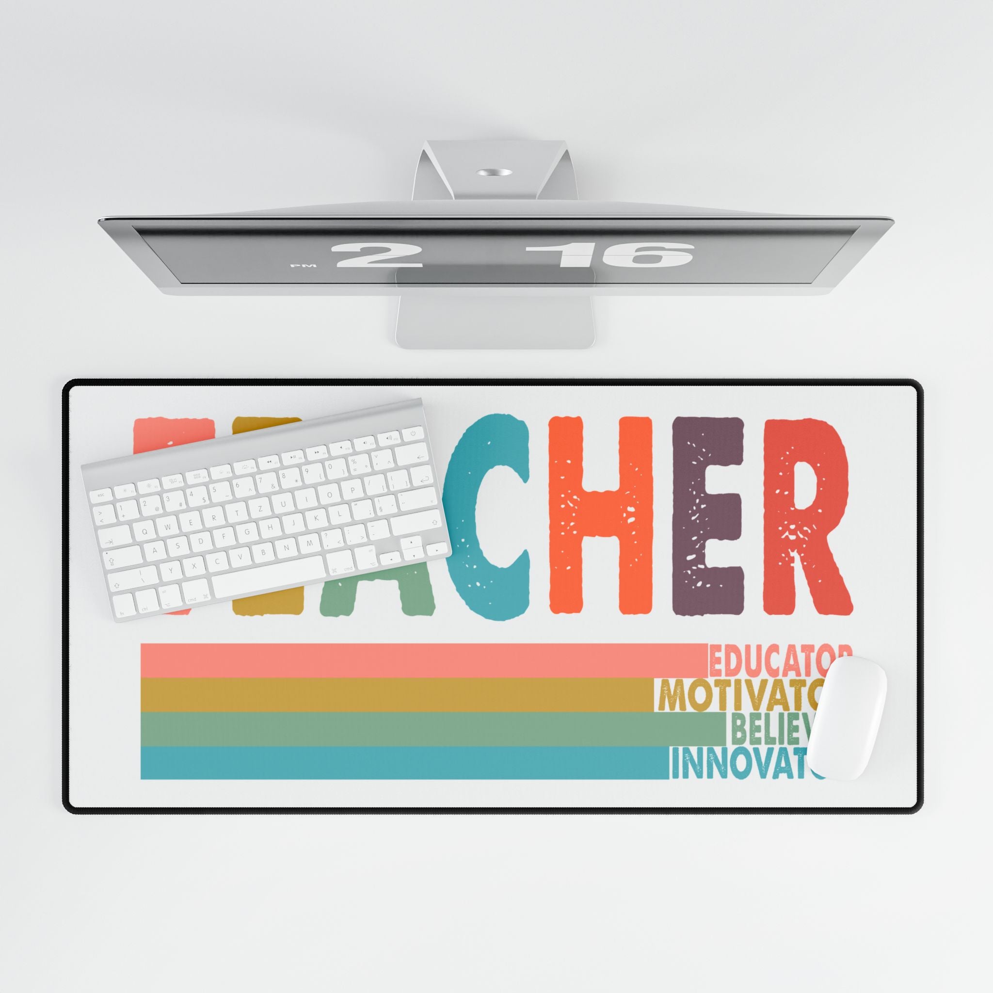 Teacher Desk Mat — Colorful Retro 'TEACHER' Design (Educator • Motivator • Believer • Innovator)