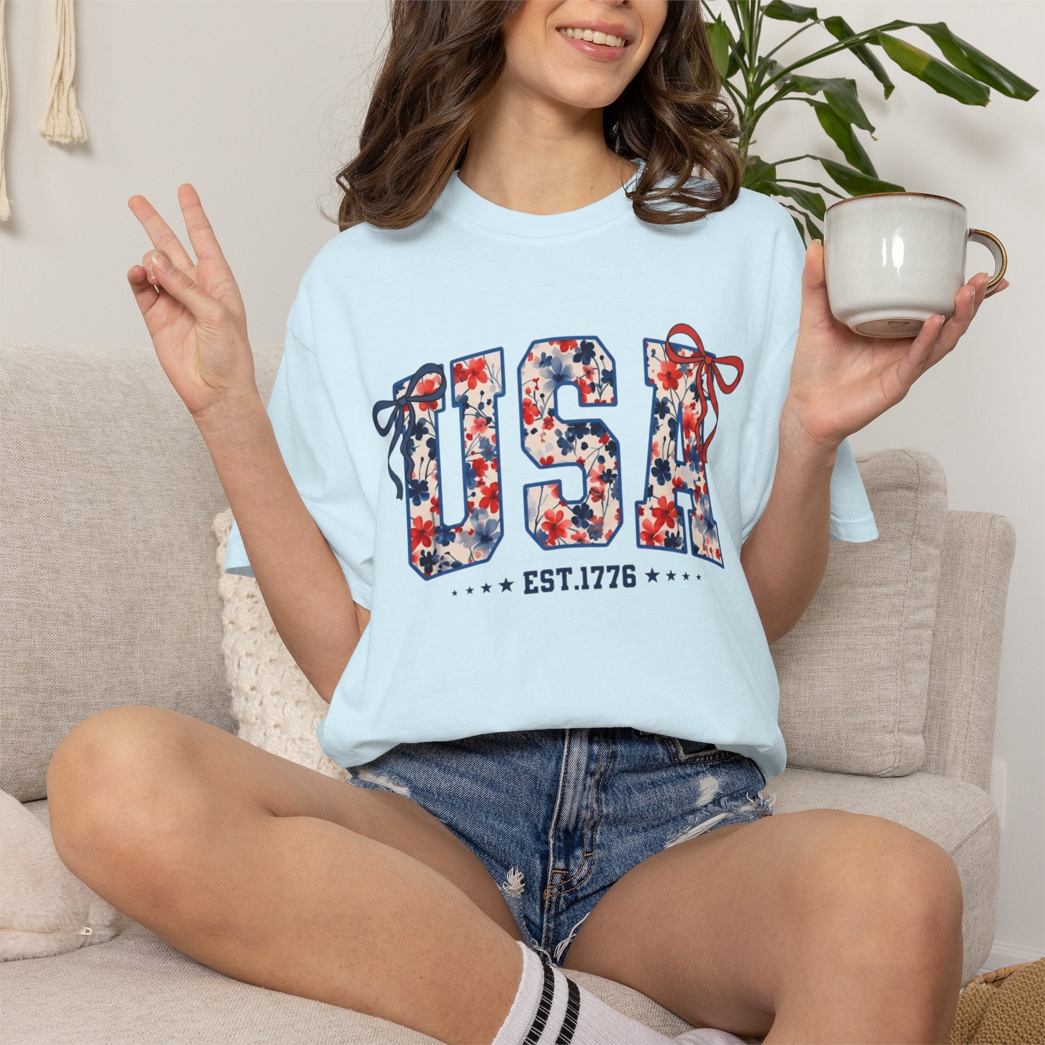 USA Floral Graphic T-Shirt — EST.1776 Patriotic Fourth of July Tee