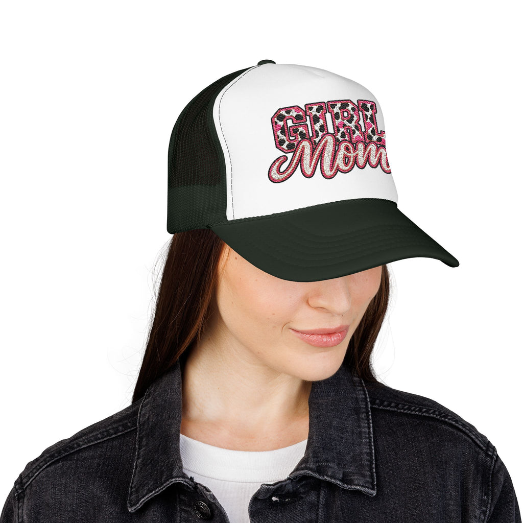 Girl Mom Leopard Foam Trucker Hat — Pink Glitter Script Mesh Cap