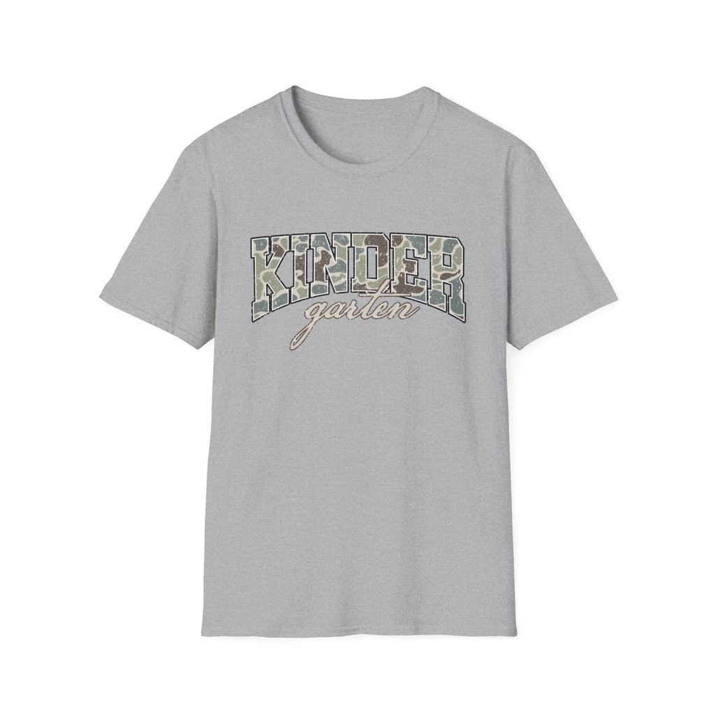 Kindergarten Camo T-Shirt — 'Kindergarten' Script & Camo Block Design