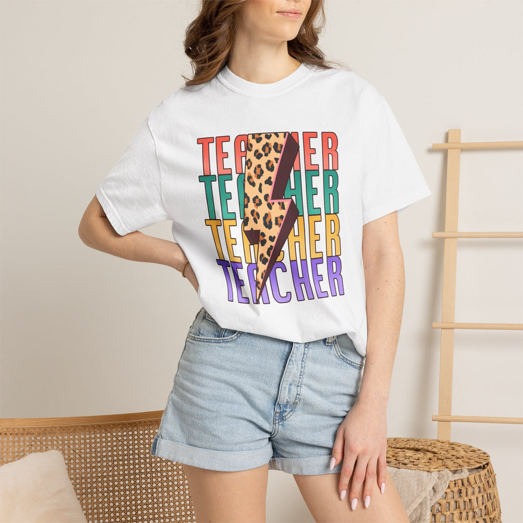 Teacher Lightning Bolt Leopard Print T‑Shirt — Colorful Retro Teacher Tee