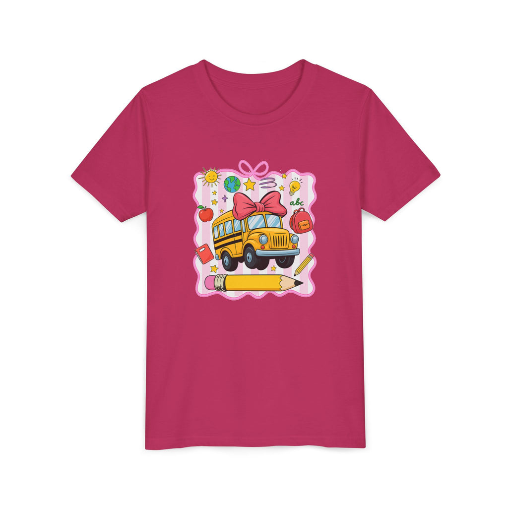 Youth Tee — Cute School Bus Back to School Kids Shirt (Pencil, Apple, Sun)