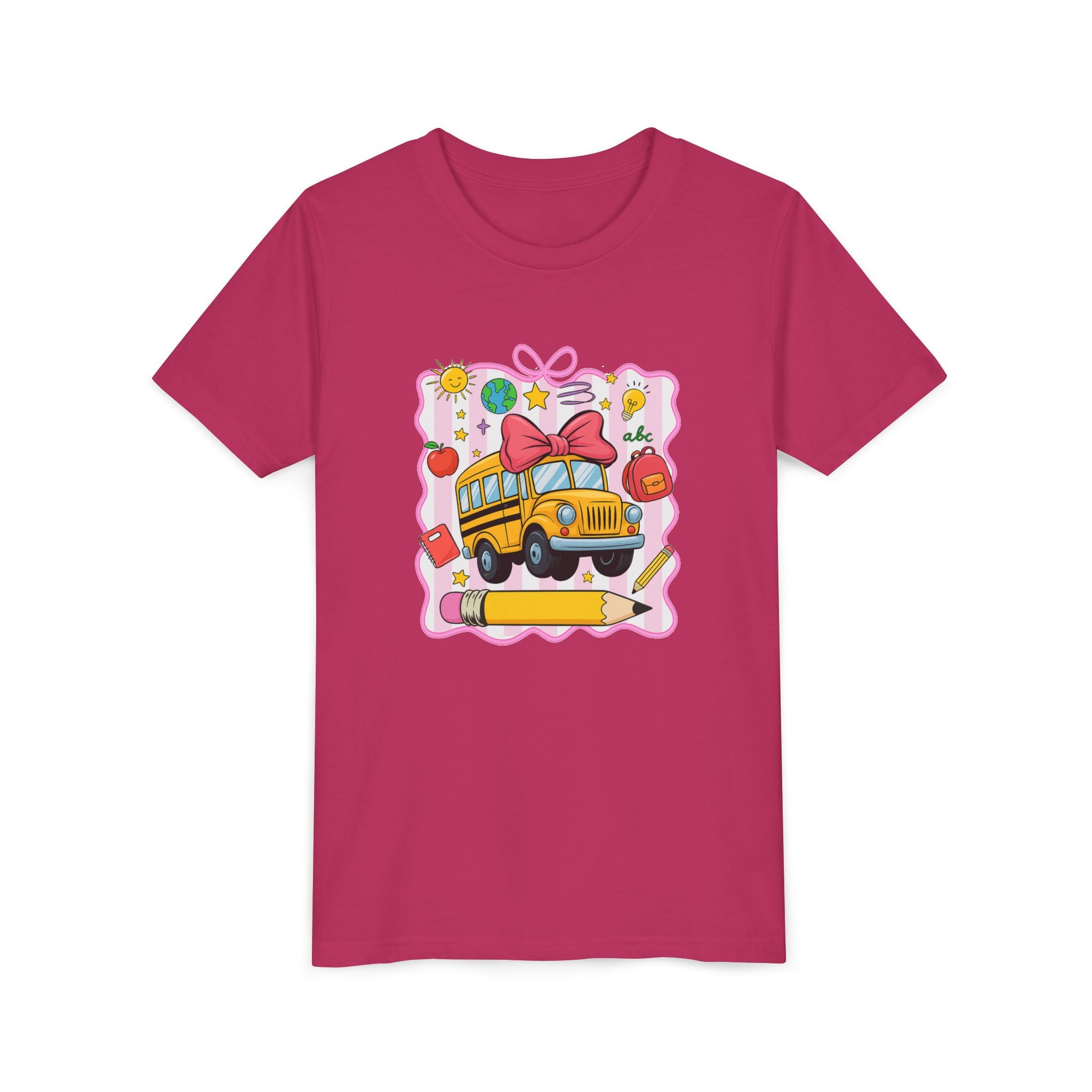 Youth Tee — Cute School Bus Back to School Kids Shirt (Pencil, Apple, Sun)