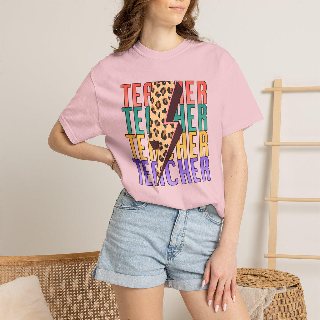 Teacher Lightning Bolt Leopard Print T‑Shirt — Colorful Retro Teacher Tee