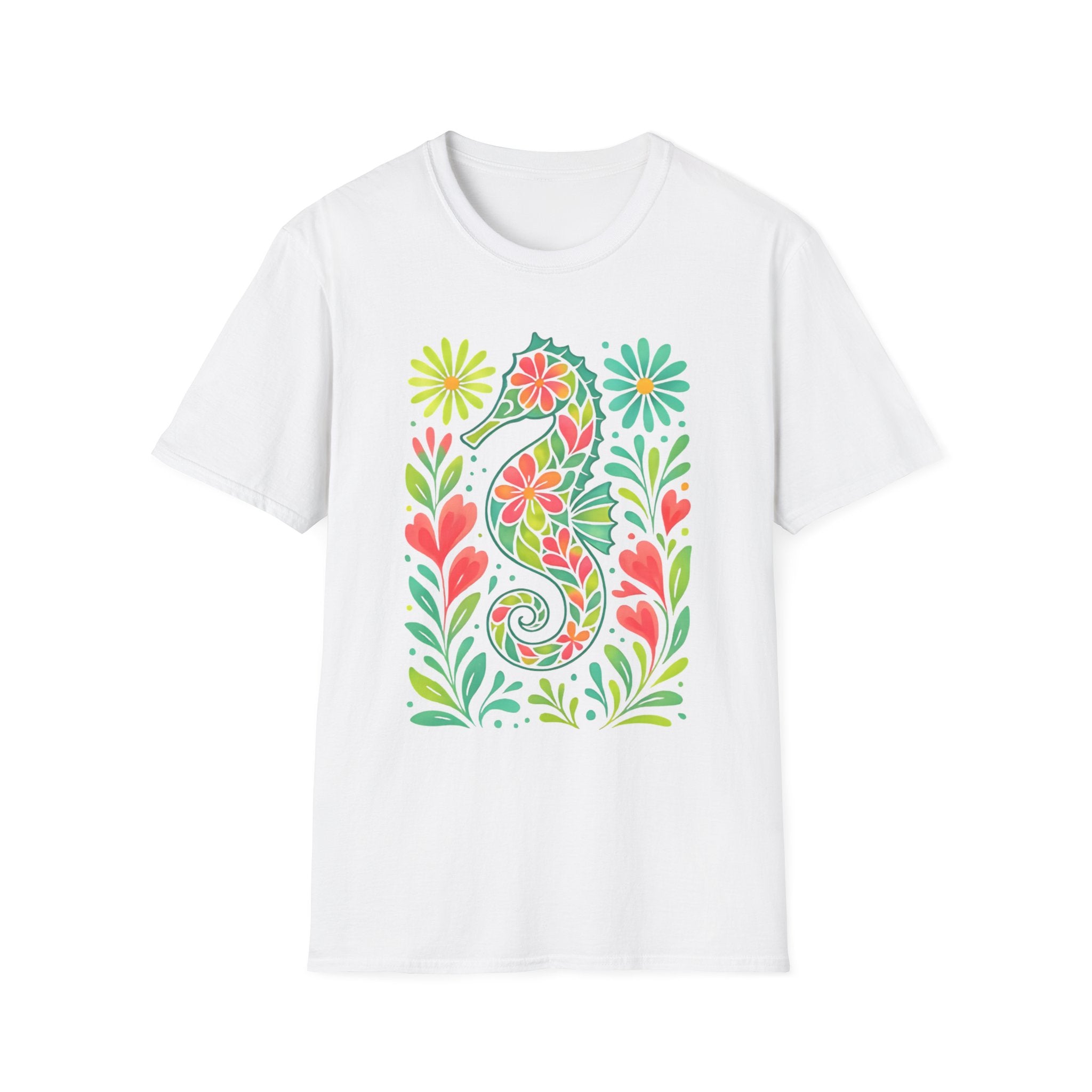 Floral Seahorse T-Shirt — Colorful Tropical Sea Life Tee