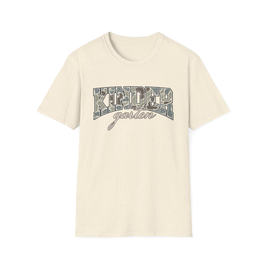 Kindergarten Camo T-Shirt — 'Kindergarten' Script & Camo Block Design