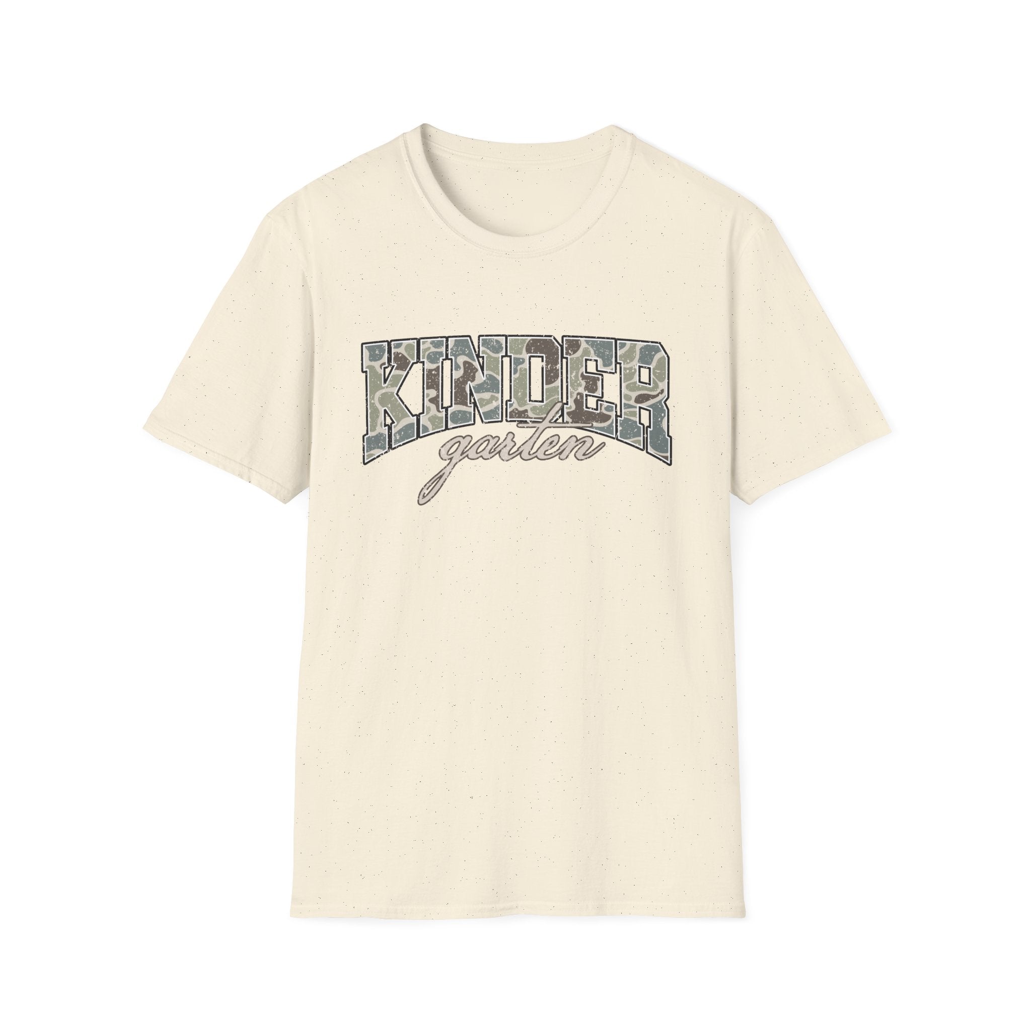 Kindergarten Camo T-Shirt — 'Kindergarten' Script & Camo Block Design