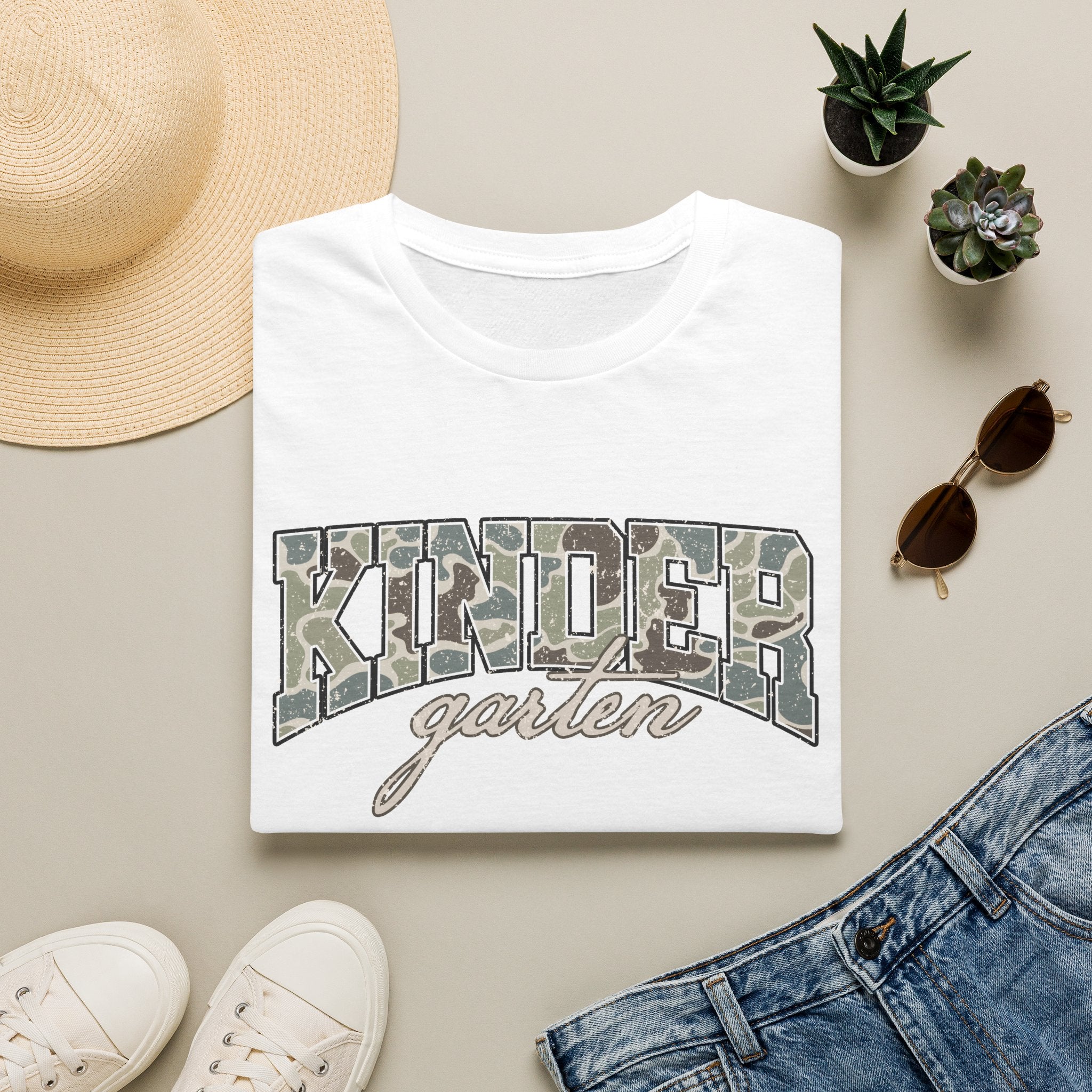 Kindergarten Camo T-Shirt — 'Kindergarten' Script & Camo Block Design