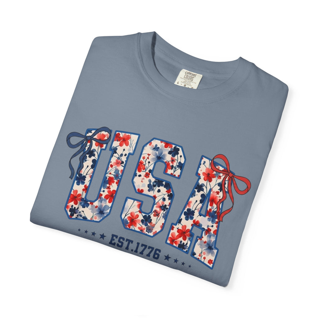 USA Floral Graphic T-Shirt — EST.1776 Patriotic Fourth of July Tee