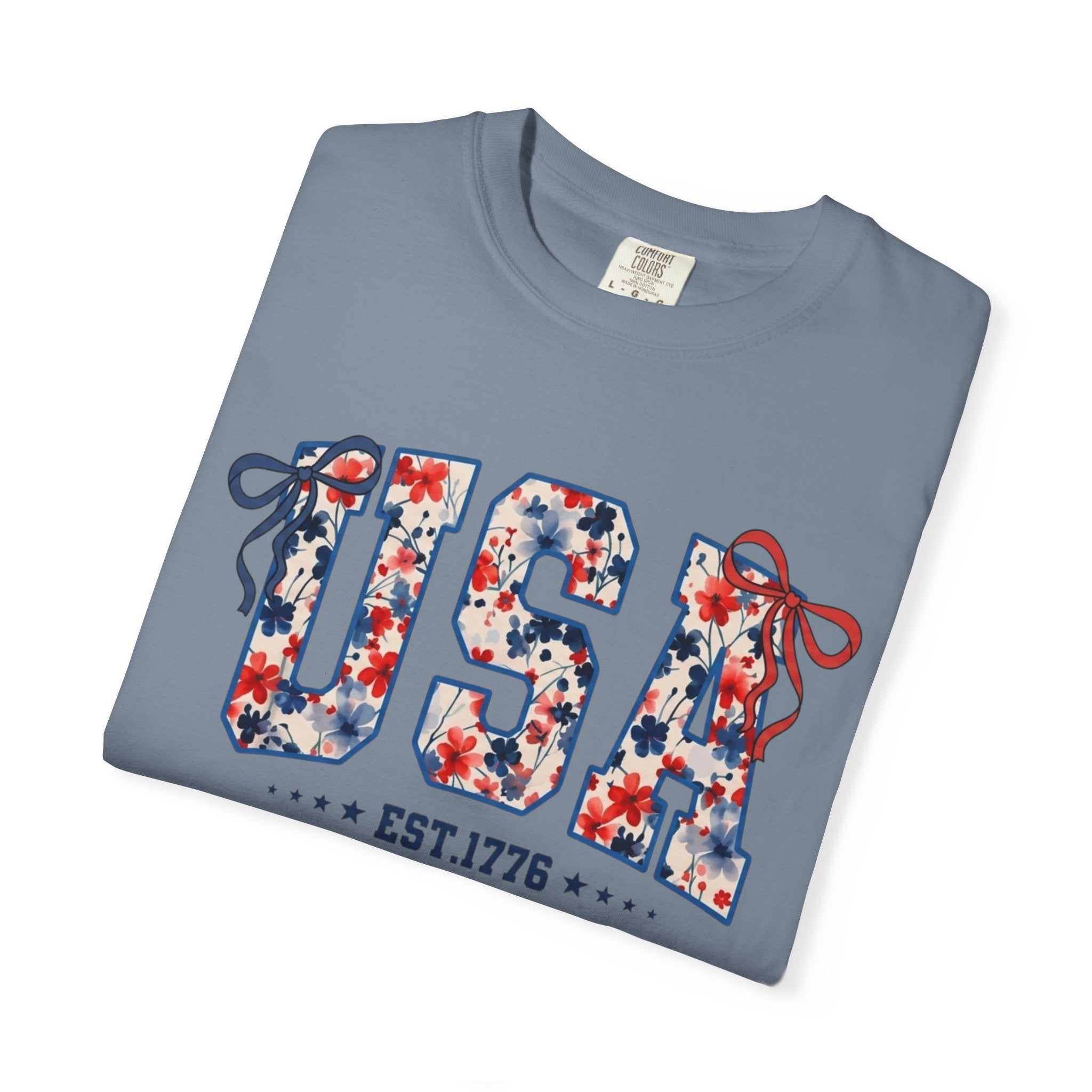 USA Floral Graphic T-Shirt — EST.1776 Patriotic Fourth of July Tee