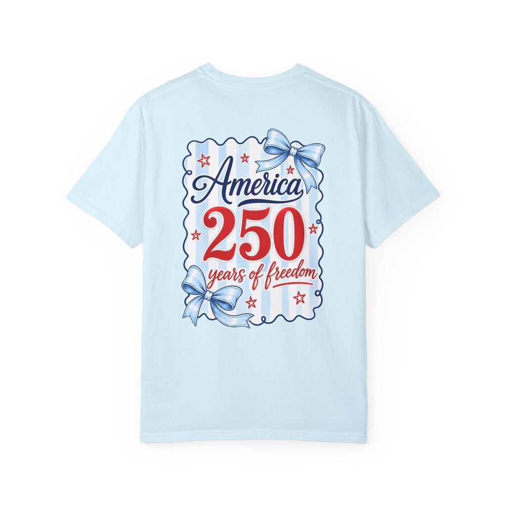 America 250 Years of Freedom T-Shirt — Patriotic 4th of July Tee with Blue Ribbon Design