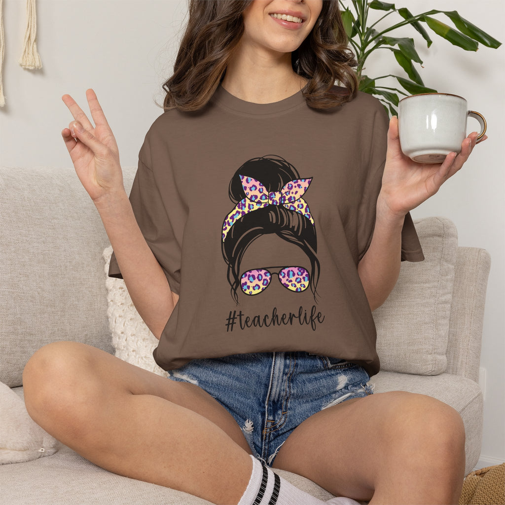 Teacher Life Floral Messy Bun T-Shirt