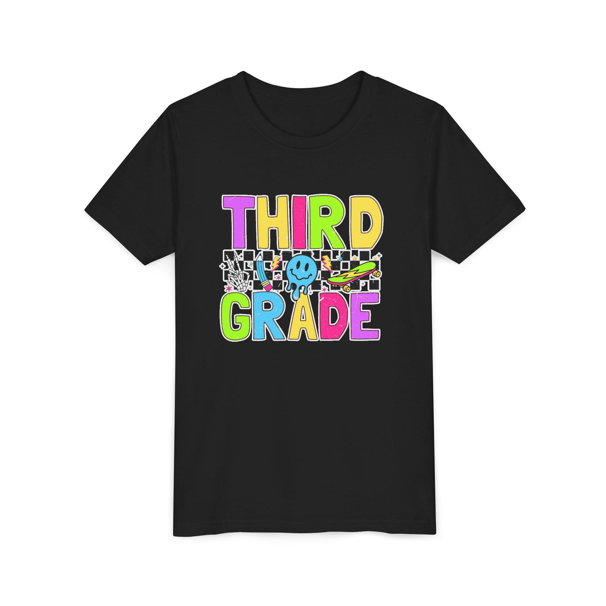Third Grade Youth T‑Shirt — Colorful Checkerboard Smileback School Tee