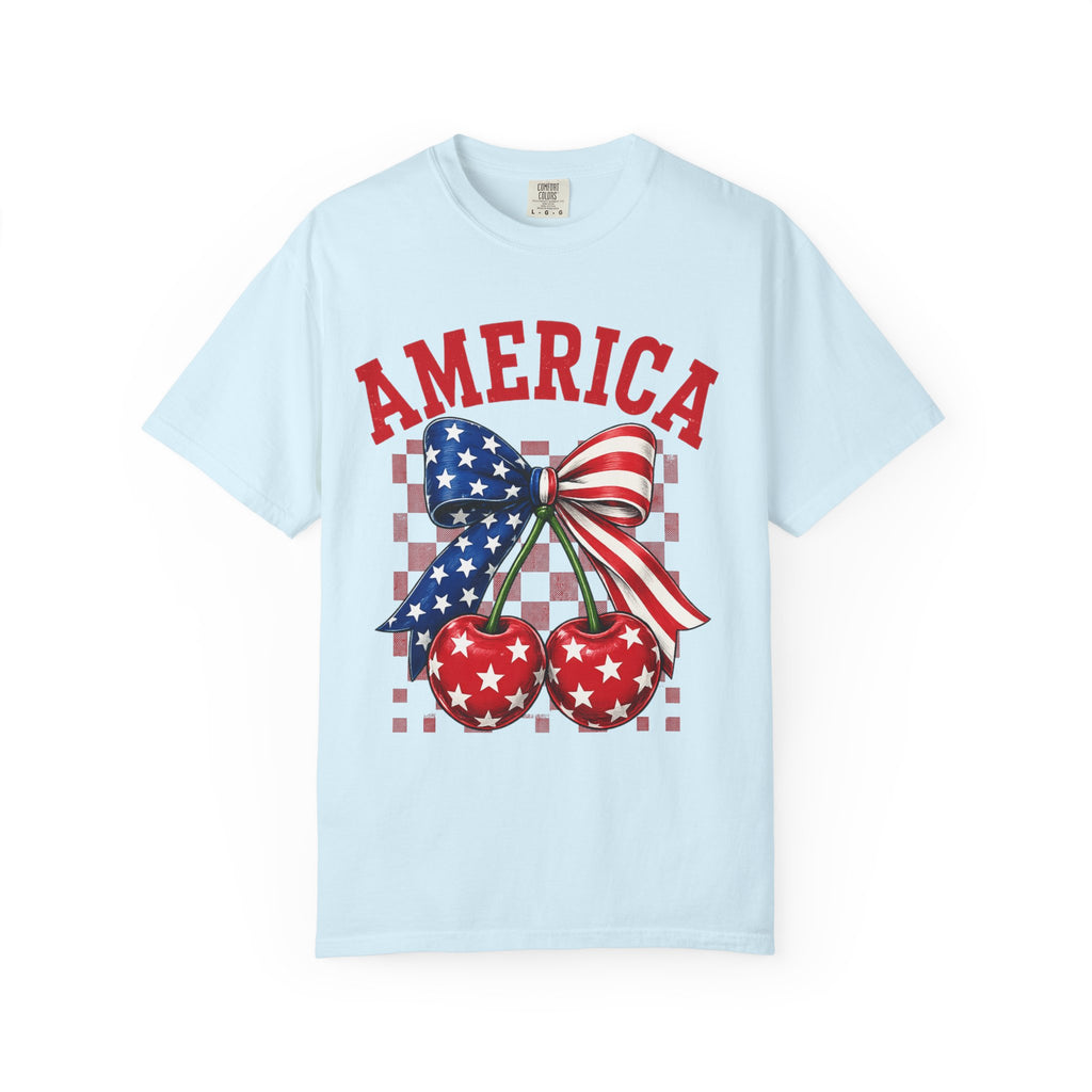 America Cherry Graphic T-Shirt — Patriotic Stars & Stripes Bow Tee