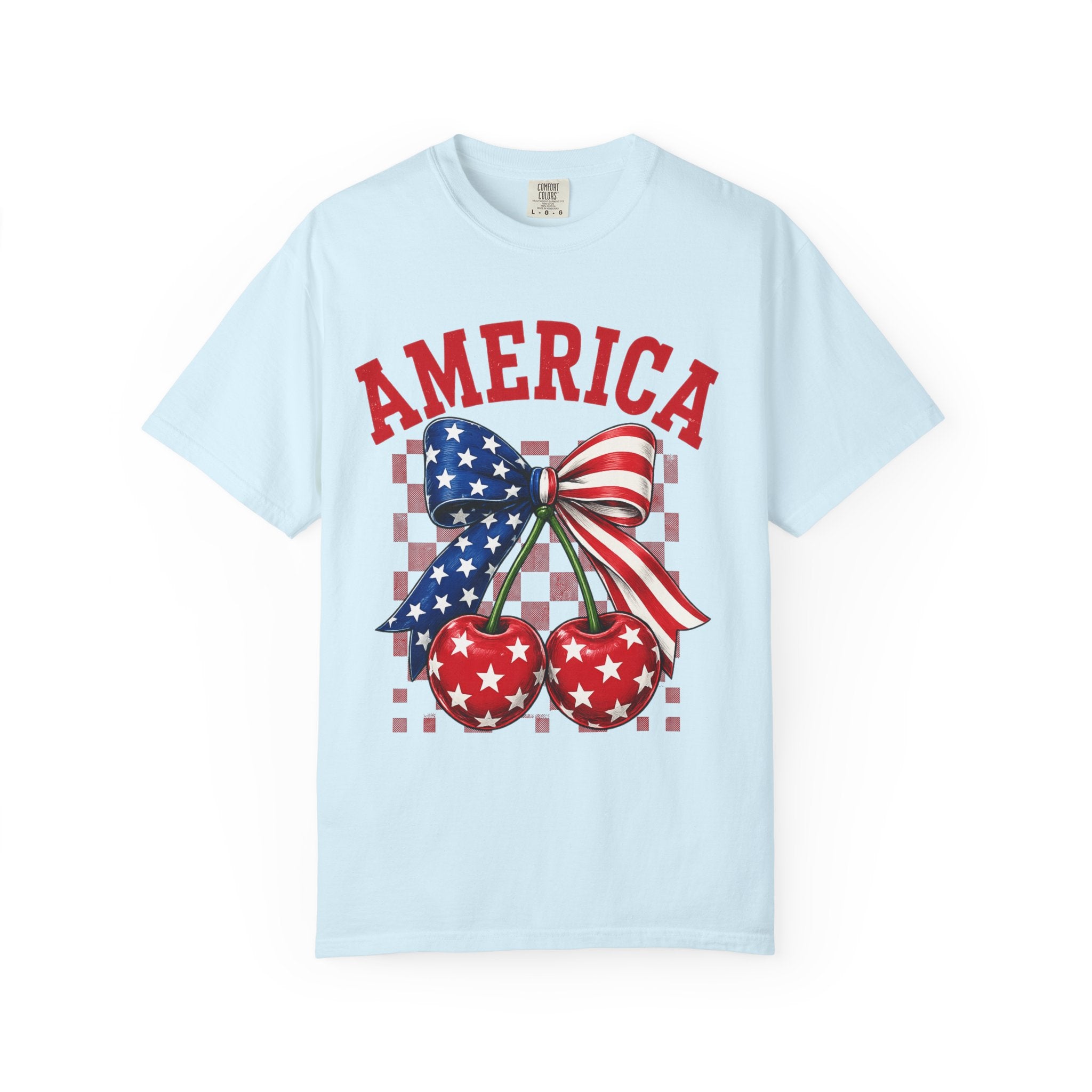 America Cherry Graphic T-Shirt — Patriotic Stars & Stripes Bow Tee