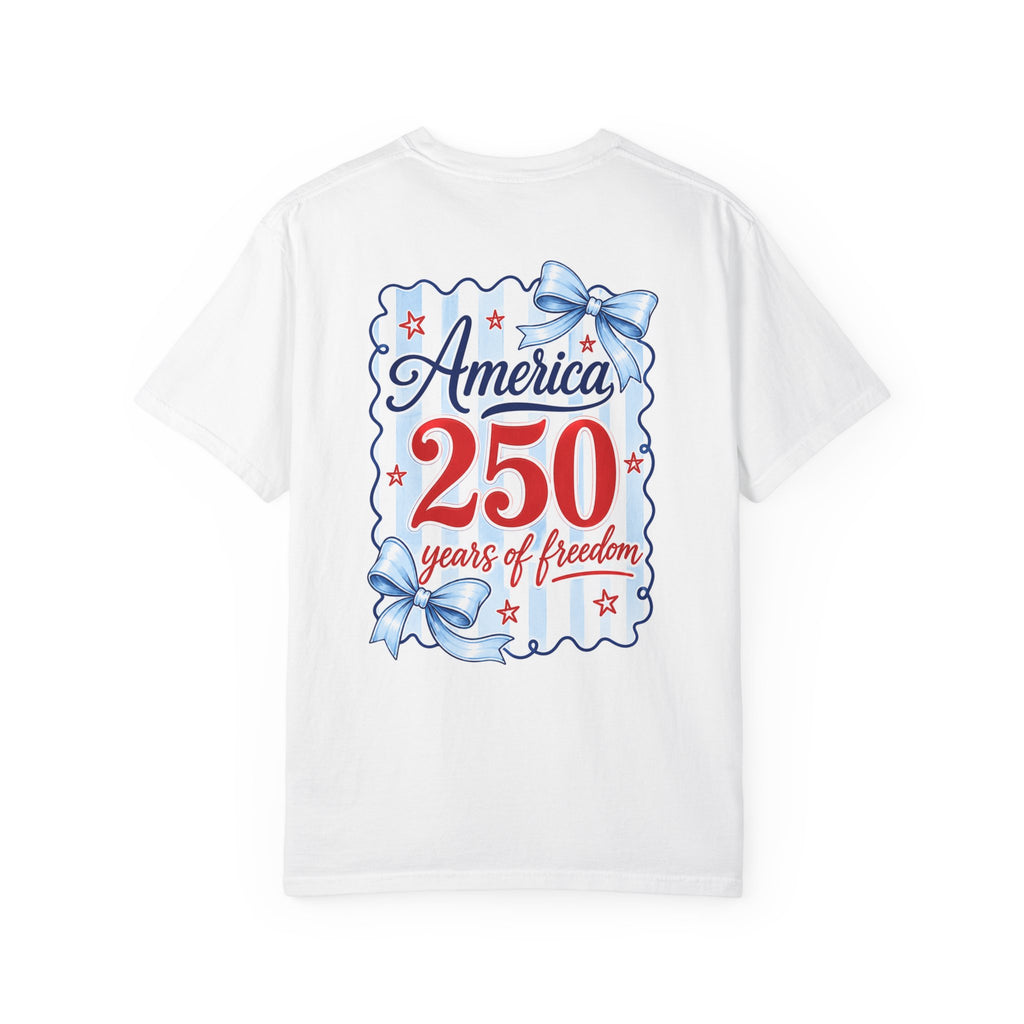 America 250 Years of Freedom T-Shirt — Patriotic 4th of July Tee with Blue Ribbon Design