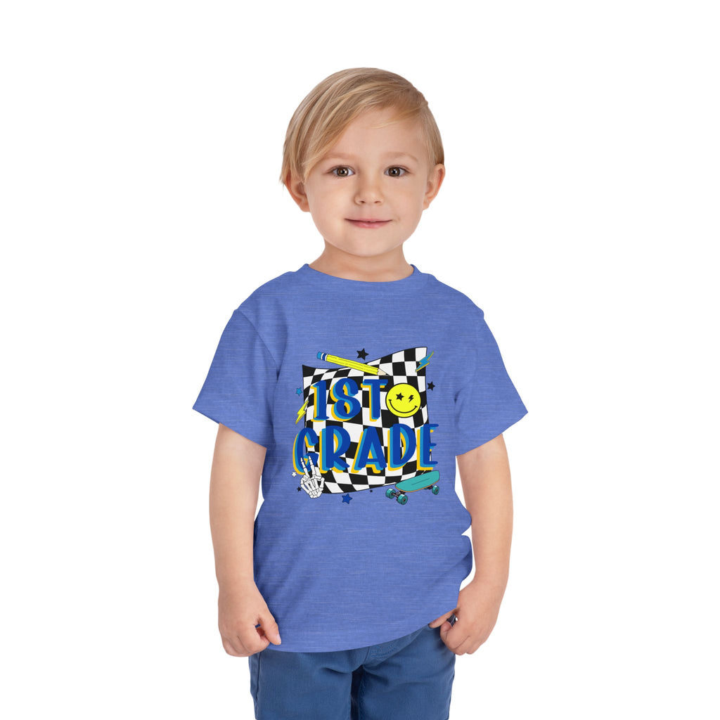 1st Grade Toddler Tee - Back-to-School Smile Skateboard Design