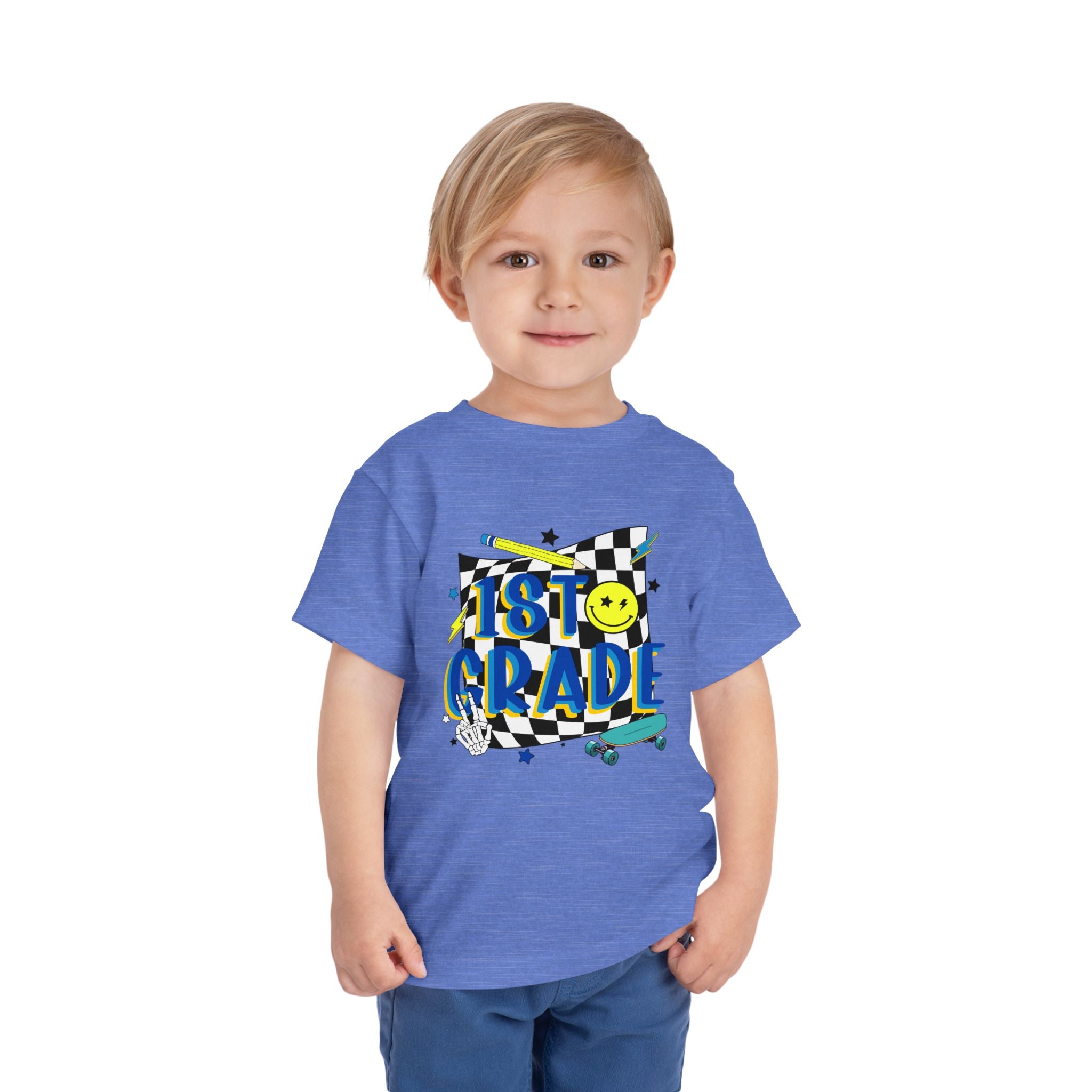 1st Grade Toddler Tee - Back-to-School Smile Skateboard Design