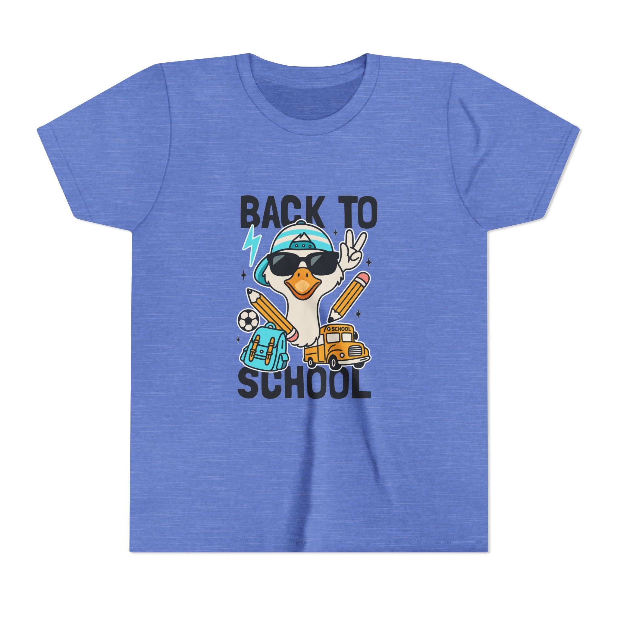 Back to School Duck Youth Tee — Cute Kids School Shirt with Backpack, Bus & Pencil Design