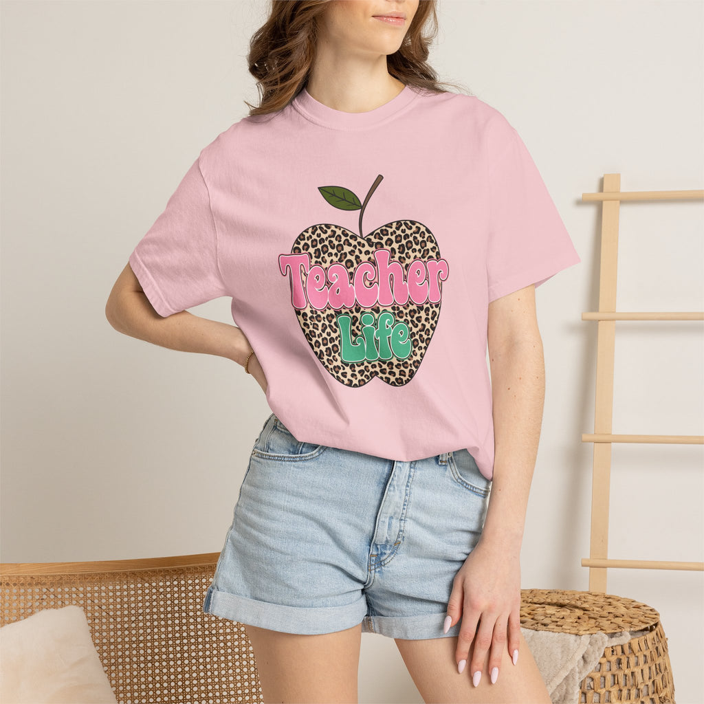 Teacher Life T-Shirt — Leopard Apple Graphic Tee for Educators