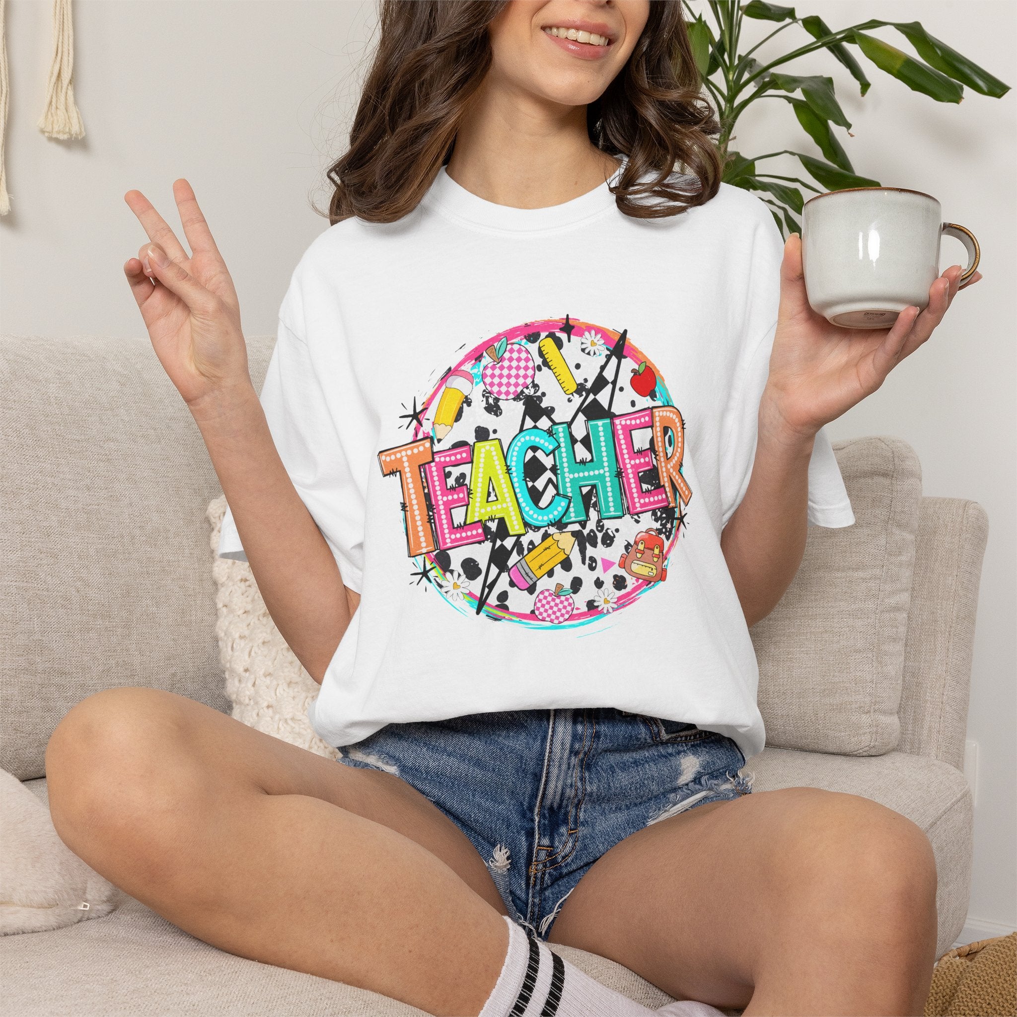 Teacher Graphic T-Shirt — Colorful School Supplies Design