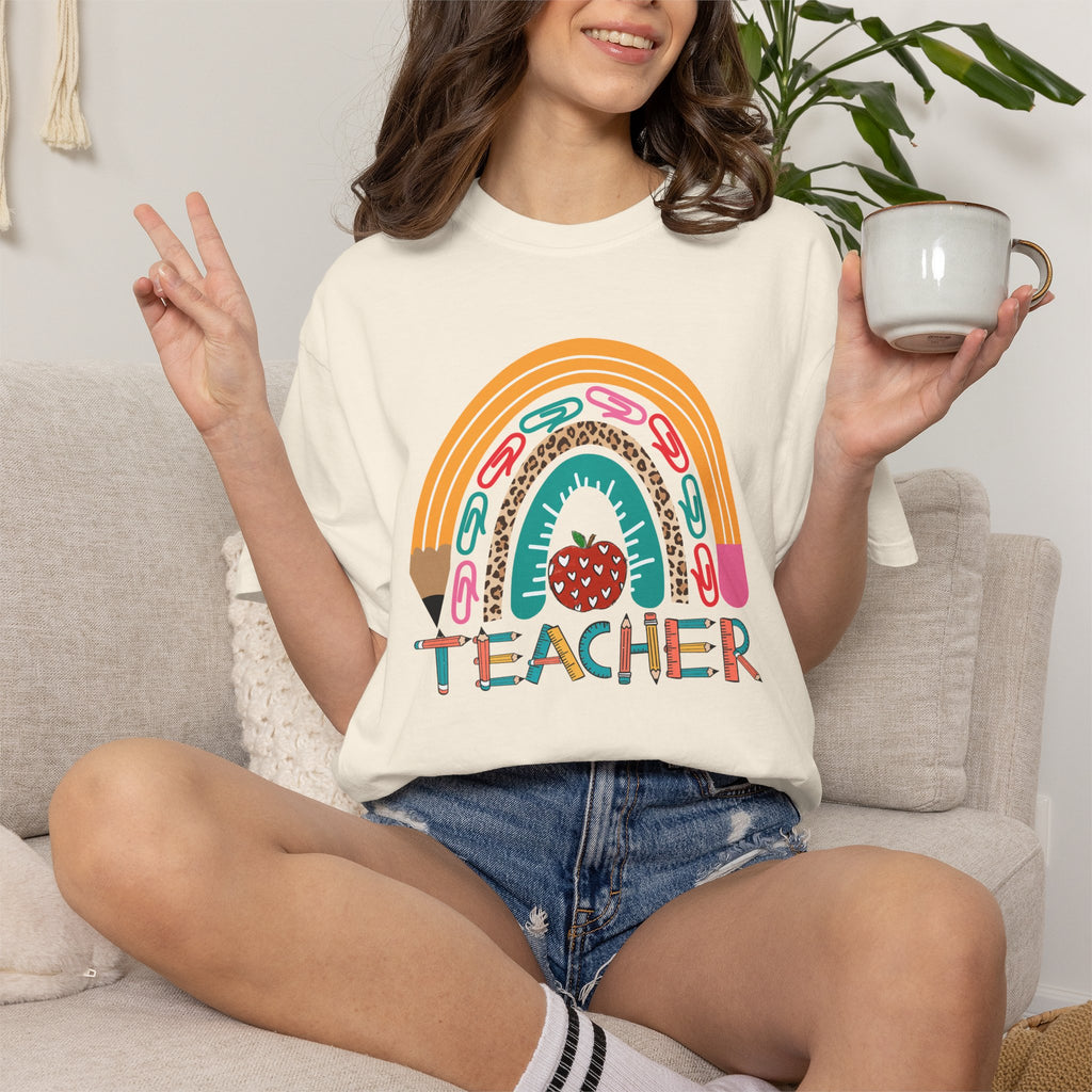 Teacher Rainbow T-Shirt — Cute Apple & Pencil Back-to-School Tee
