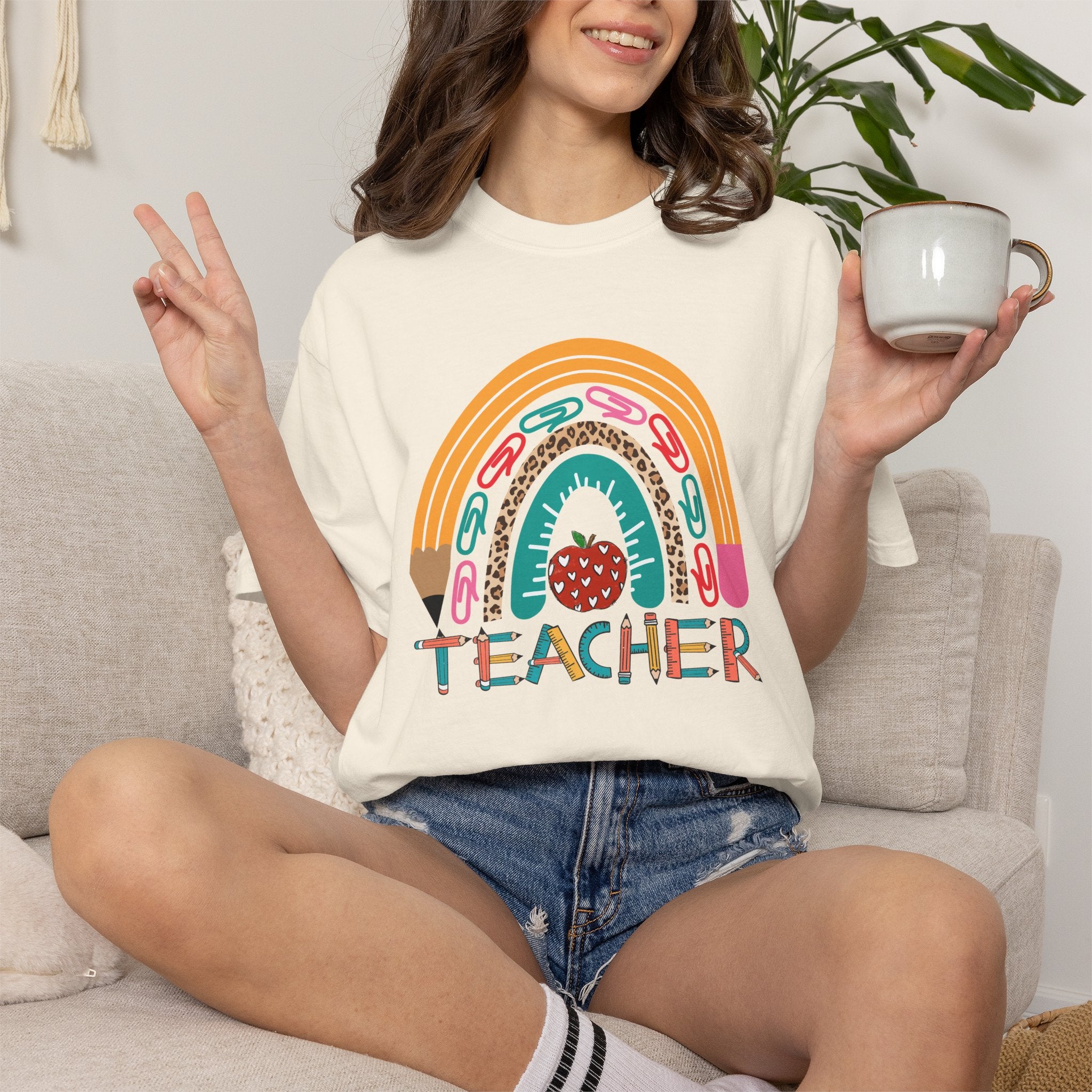 Teacher Rainbow T-Shirt — Cute Apple & Pencil Back-to-School Tee