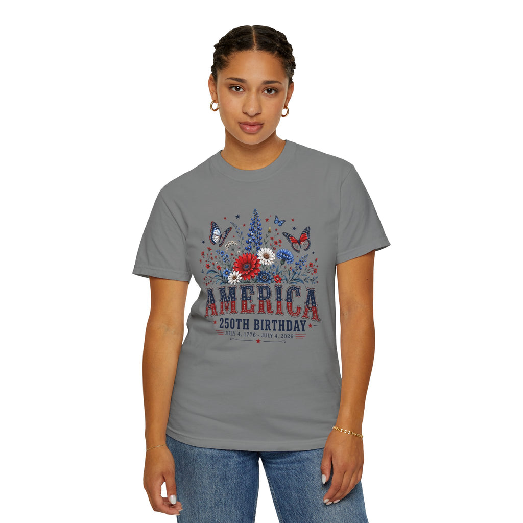 America 250th Birthday T-Shirt — Patriotic Floral July 4th Tee