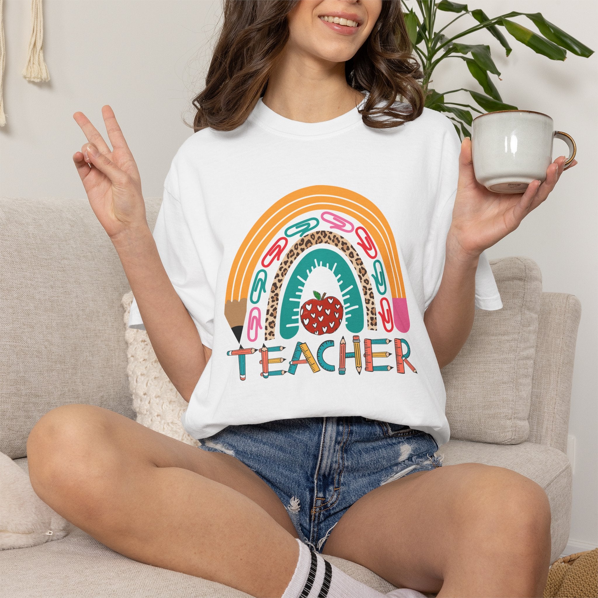 Teacher Rainbow T-Shirt — Cute Apple & Pencil Back-to-School Tee