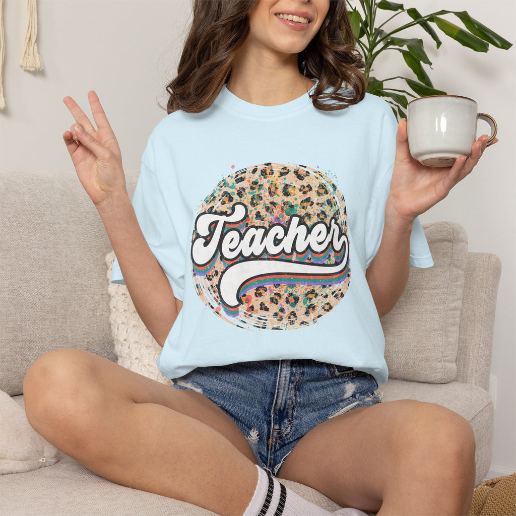 Teacher Leopard Circle T-Shirt — Retro Rainbow Script Tee for Educators