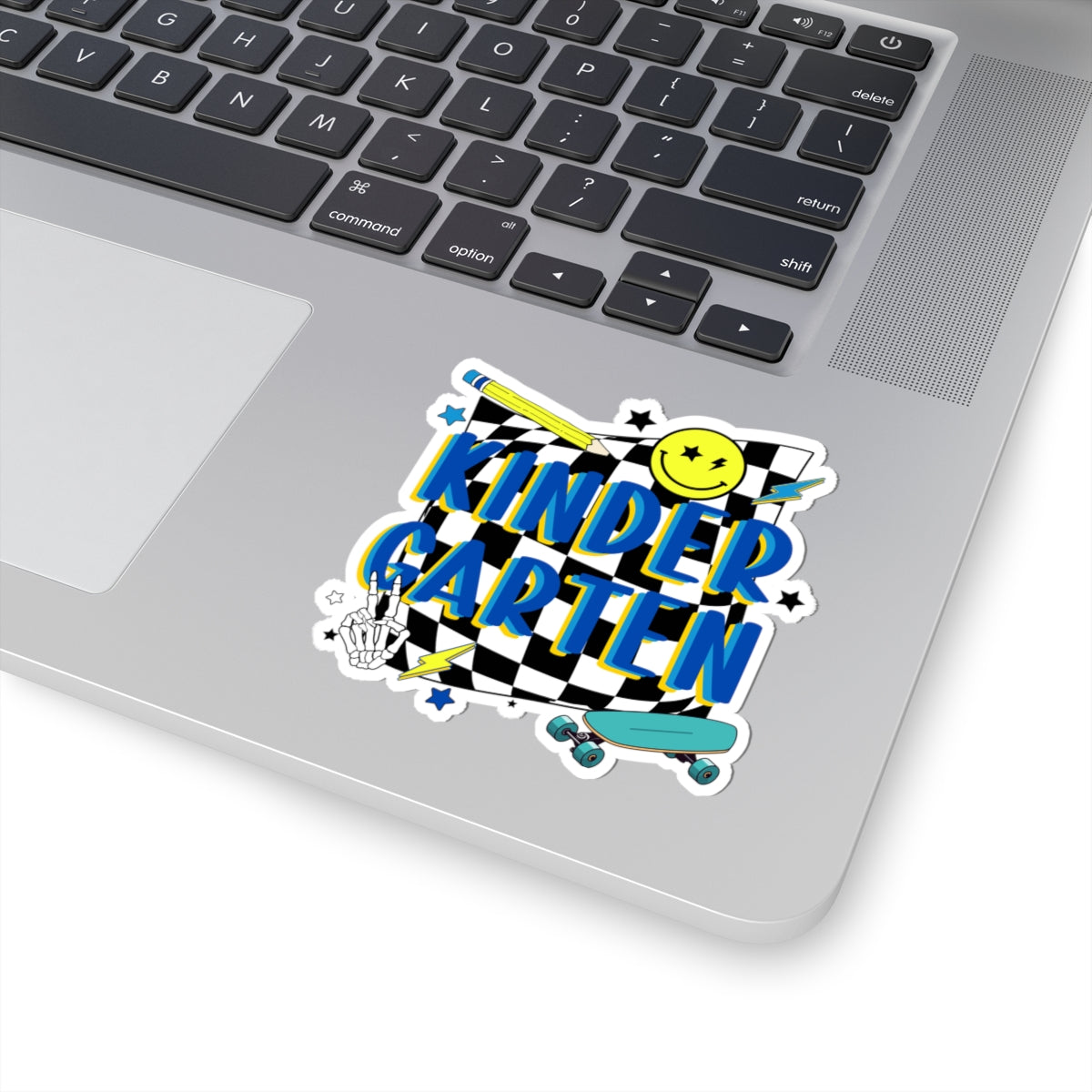 Kindergarten Skateboard Sticker — Retro Checkerboard Smiley Vinyl Kiss-Cut