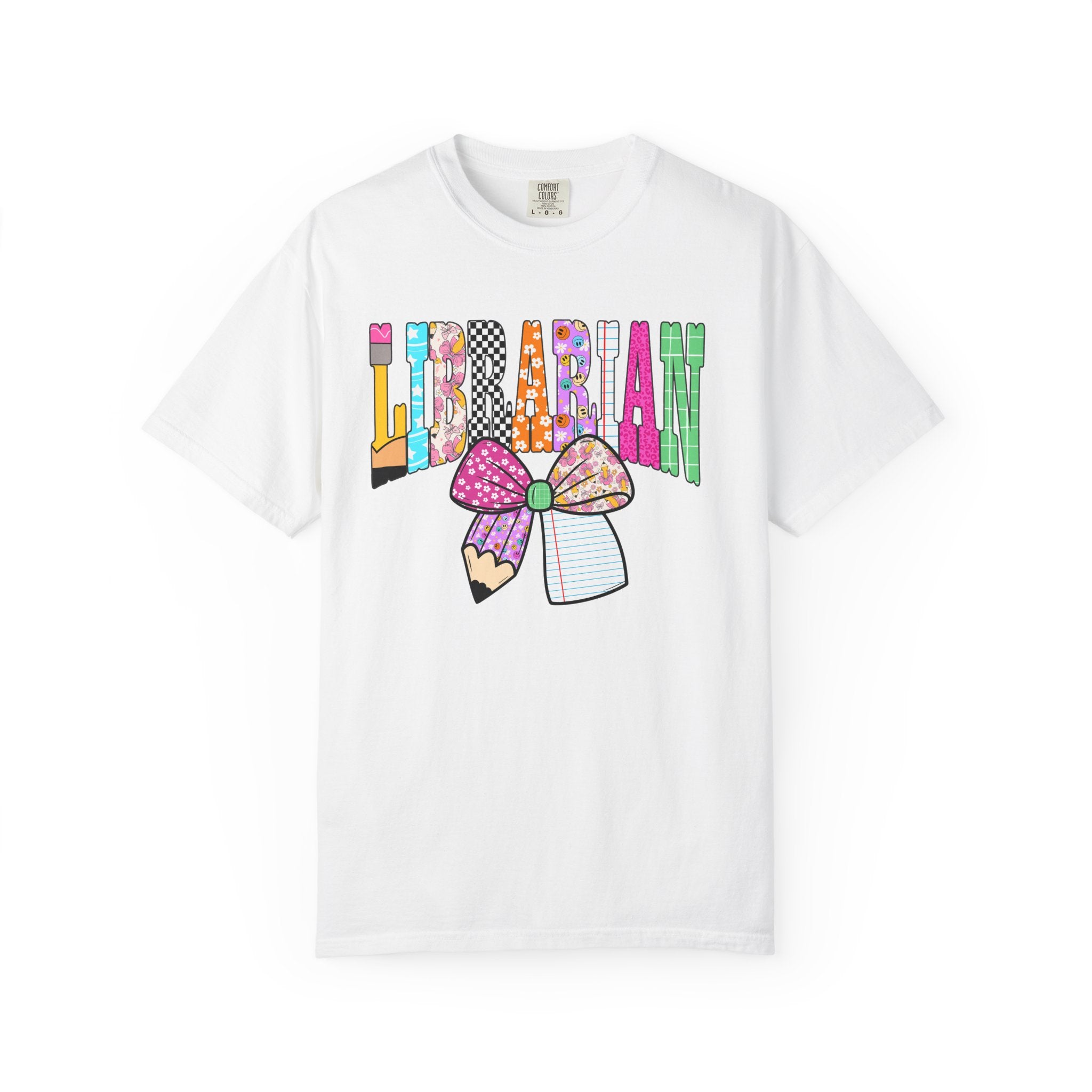 Librarian Graphic T‑Shirt — Colorful Bookish Bow Design