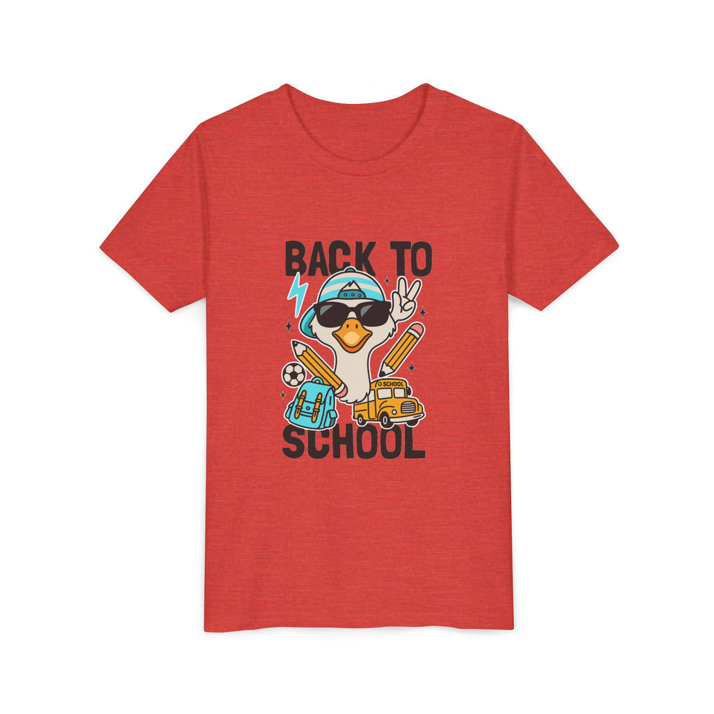 Back to School Duck Youth Tee — Cute Kids School Shirt with Backpack, Bus & Pencil Design