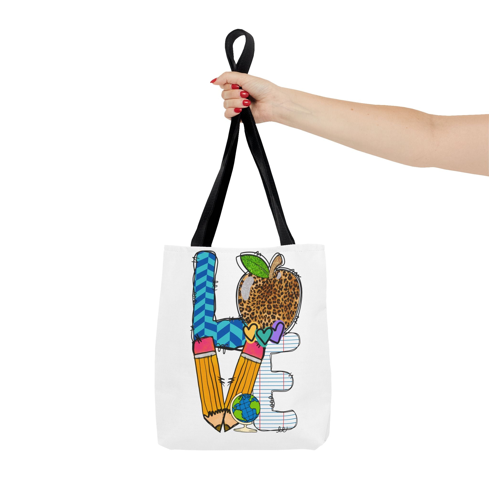 Love Teacher Tote Bag — Colorful School Apple & Pencil AOP Tote