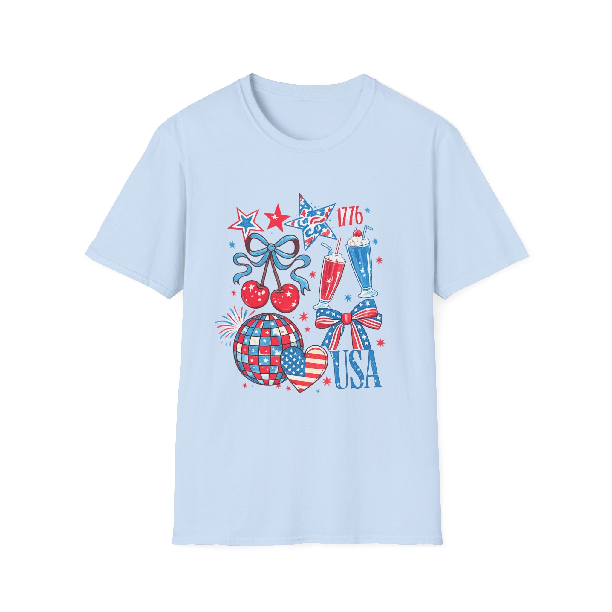 Patriotic 4th of July T-Shirt — USA 1776 Red White Blue Cherry & Soda Design