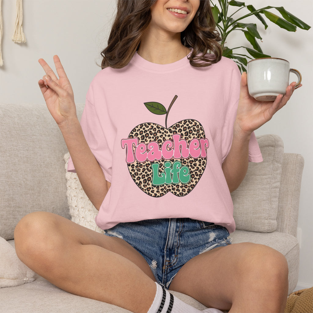 Teacher Life T-Shirt — Leopard Apple Graphic Tee for Educators